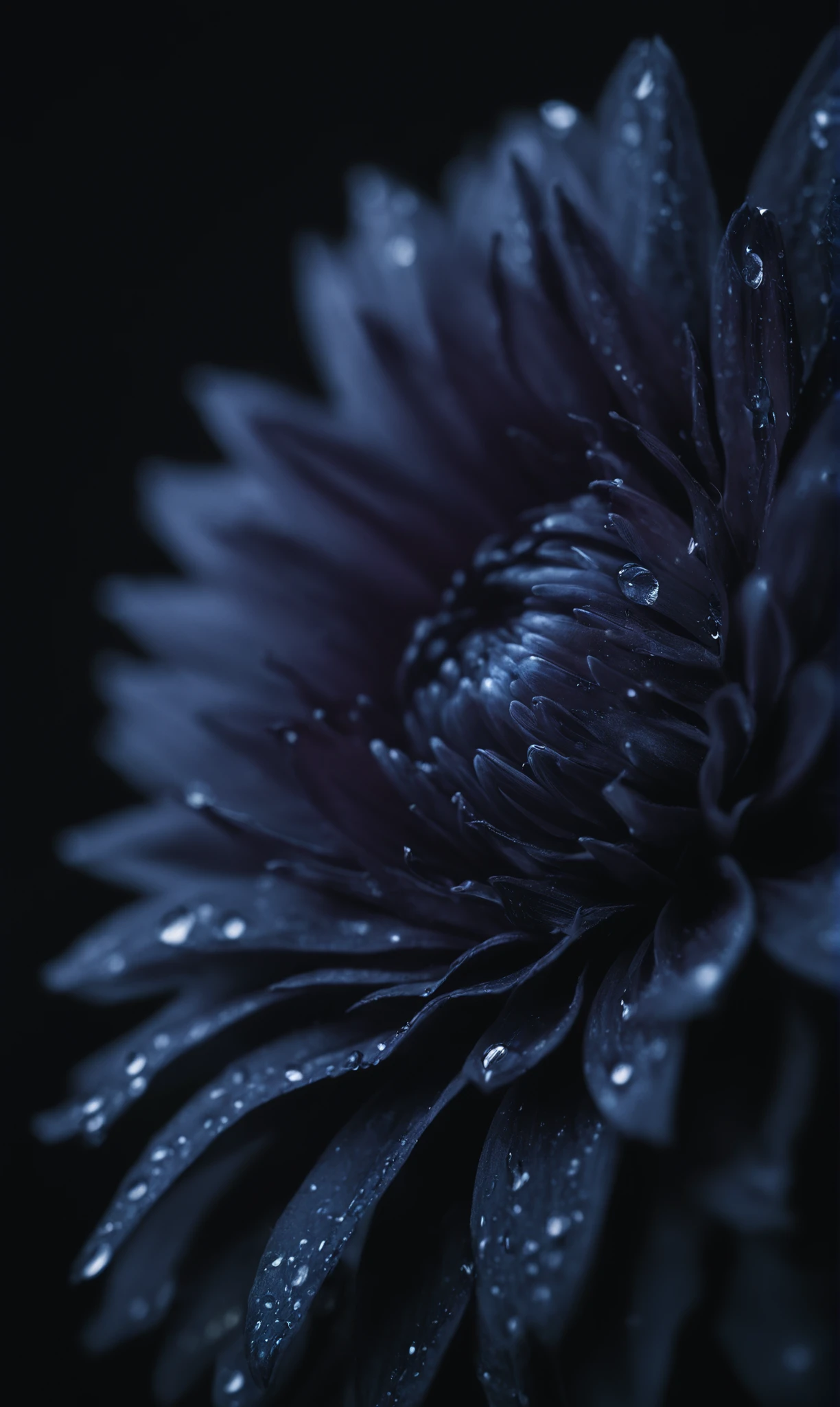 A macro photograph capturing the intricate details of a black dahlia. The image showcases the delicate tender velvety texture,  subtle color gradients, and tiny transparent droplets of dew. Shot with a Canon EOS 5D Mark IV, 100mm f/2.8L Macro IS USM lens, f/8 aperture, 1/250 sec shutter speed, ISO 400. Focus on the petalâs edge with a shallow depth of field, soft artistic double light and a dark background to highlight the subject. Masterpiece, by Annie Leibovitz , high resolution detail, studio photo quality