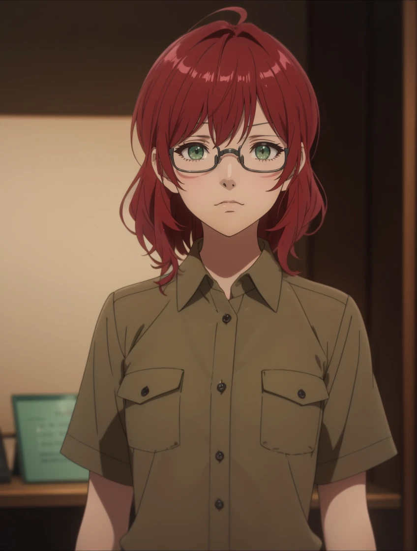 masterpiece, best quality,
anime screencap,
<lora:dahlia.sd15.v1:0.55> dahlia
1girl,solo, teenager,
brown shirt, collared shirt,
grey glasses,
green eyes,
serious, stern looking,
standing,