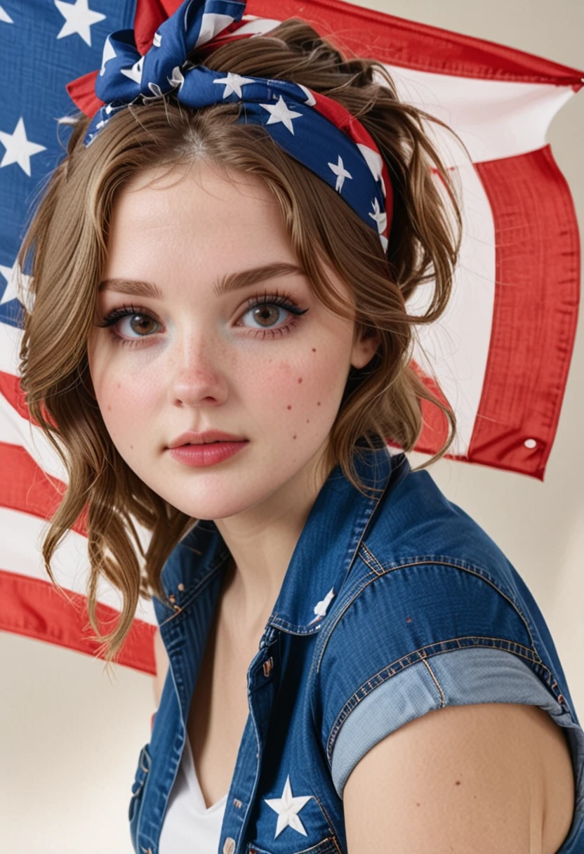 <lora:Jamie - The RBAAG_epoch_10:0.9>1girl, american flag, american flag print, bandana, brown eyes, brown hair, denim, flag background, freckles, j4mi3, lips, looking at viewer, patriotic, pocket, solo, subsurface scattering, Photorealistic, Hyperrealistic, analog style, realistic, film photography, soft lighting, heavy shadow