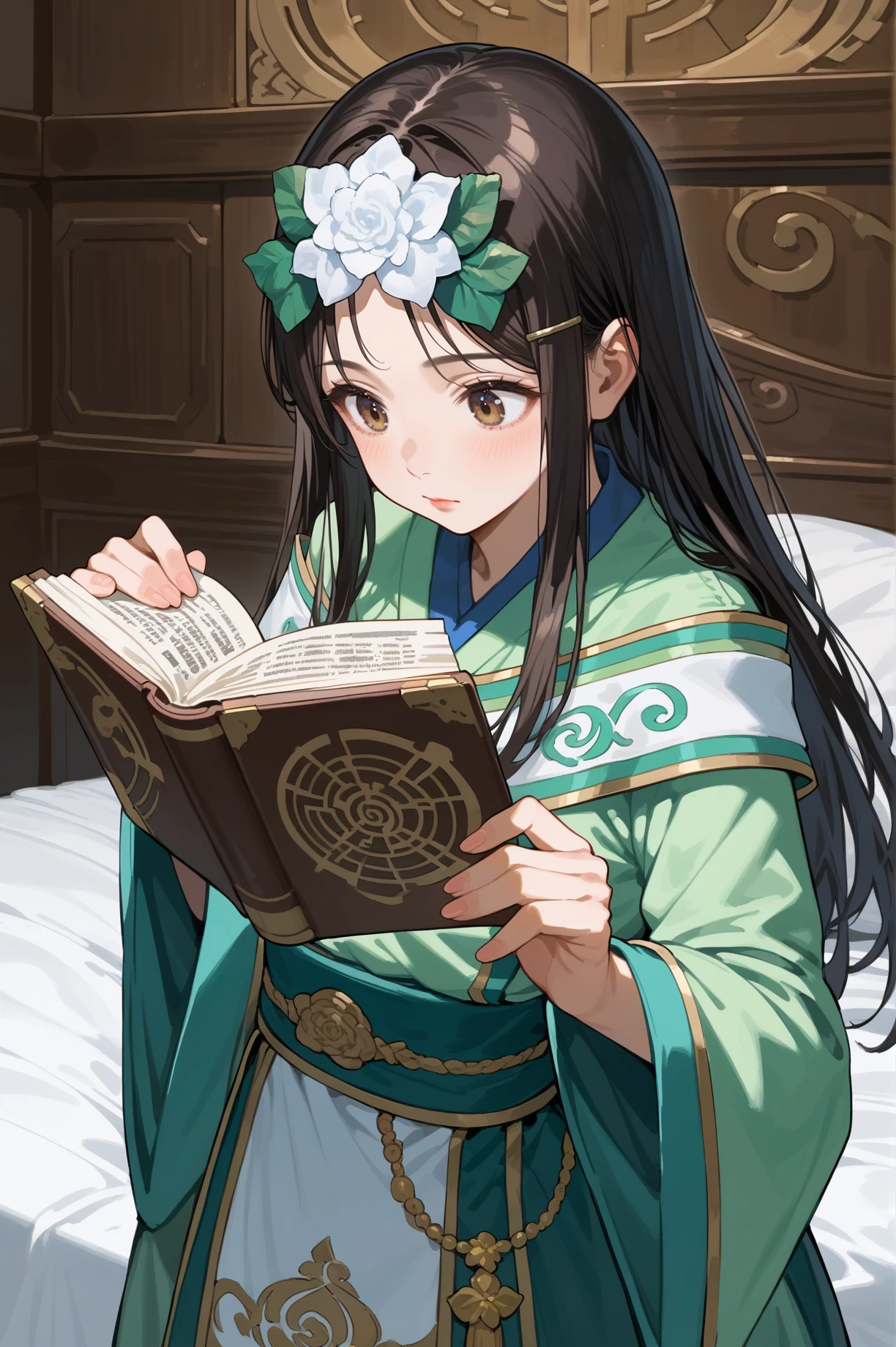 score_9, score_8_up, score_7_up , source_anime, masterpiece, best quality, perfect anatomy, BREAK She lies on her stomach on a bed, propped up on her elbows reading a book., <lora:Xiahouji_Dynasty_Warrior:0.7> 1girl, solo, long hair, black hair, hair flower, cowboy shot