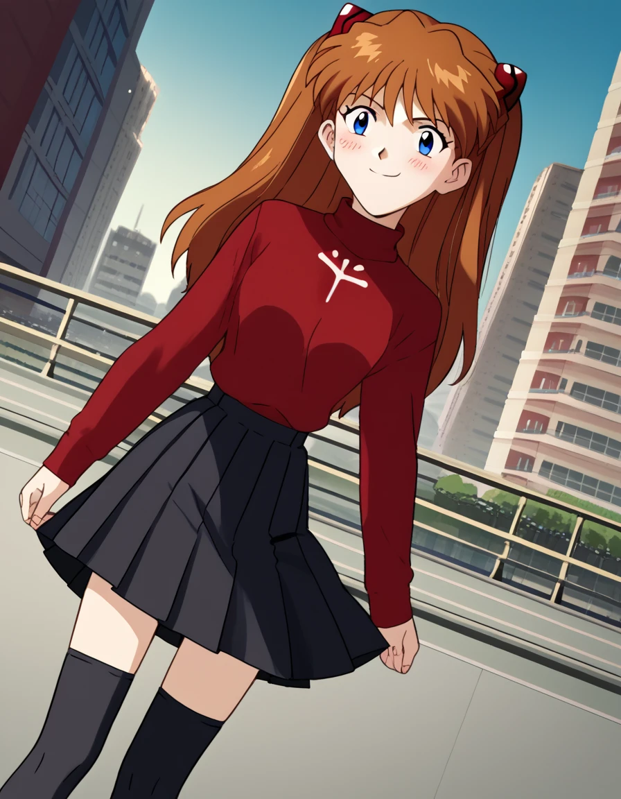 score_9, score_8_up, score_7_up, source_anime, asukalangleysoryu, <lora:asuka-langley-soryuu-classic-ponyxl-lora-nochekaiser:1>, asuka langley soryu, long hair, bangs, blue eyes, brown hair, hair ornament,, <lora:rin-tohsaka-cosplay-ponyxl-lora-nochekaiser:1>, rintohsakacosplay, tohsaka rin \(cosplay\), black skirt, black thighhighs, long sleeves, miniskirt, pleated skirt, red sweater, skirt, sweater, thighhighs, turtleneck,, cityscape, street, smile, blush,, cowboy shot, dutch angle, solo,