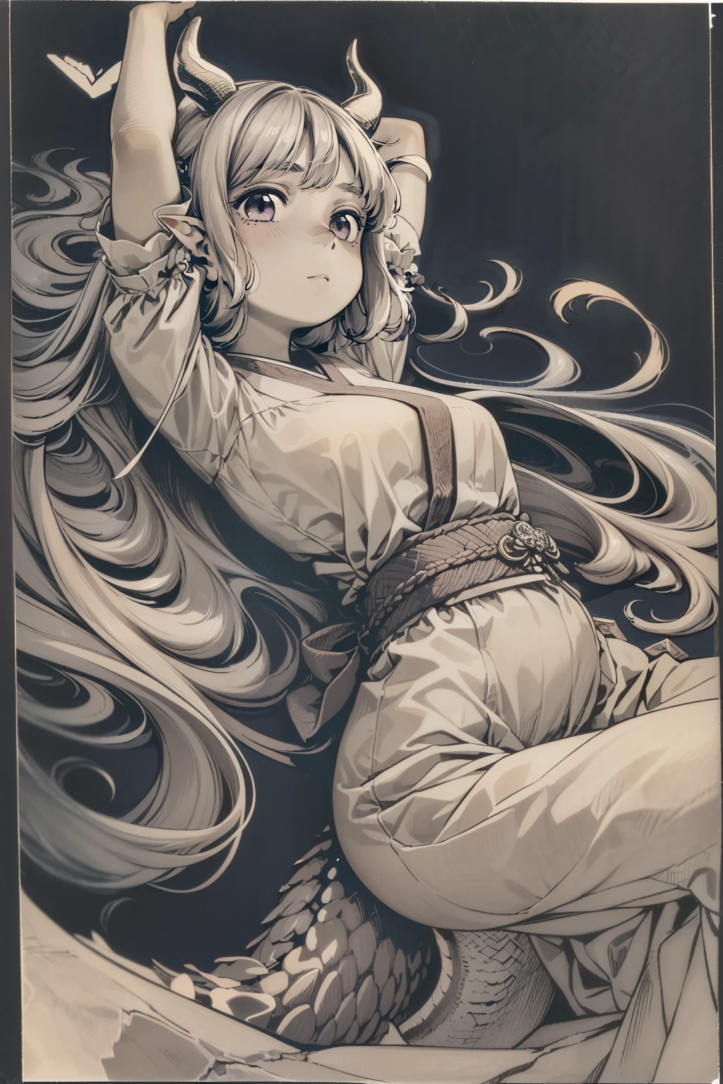 <lora:add_detail:0.7>, (masterpiece, top quality, extremely detailed, best quality, intricate details, beautiful and aesthetic:1.3), (1girl:1.3), (solo:1.3), <lora:akai-mi+NAI1-000009:1> akai-mi+, young, tareme, pointy ears, wide-eyed, (simple background, black border, violet theme, limited palette:1.4), monochrome, jaggy lines, hatching \(texture\), japanese clothes, kimono, haori, yagasuri, dragon horns, dragon tail, dragon girl, low twintails, very long hair, blunt ends, leaning back, arms outstretched,