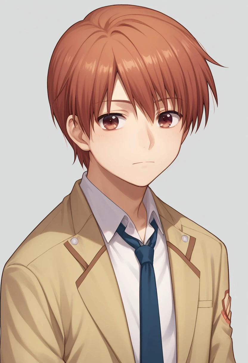 score_9, score_8_up, score_7_up, source_anime, highly detailed, 
yuzuru, 1boy, school uniform, male focus, solo, brown eyes, necktie, shinda sekai sensen uniform, red hair, red eyes, upper body,