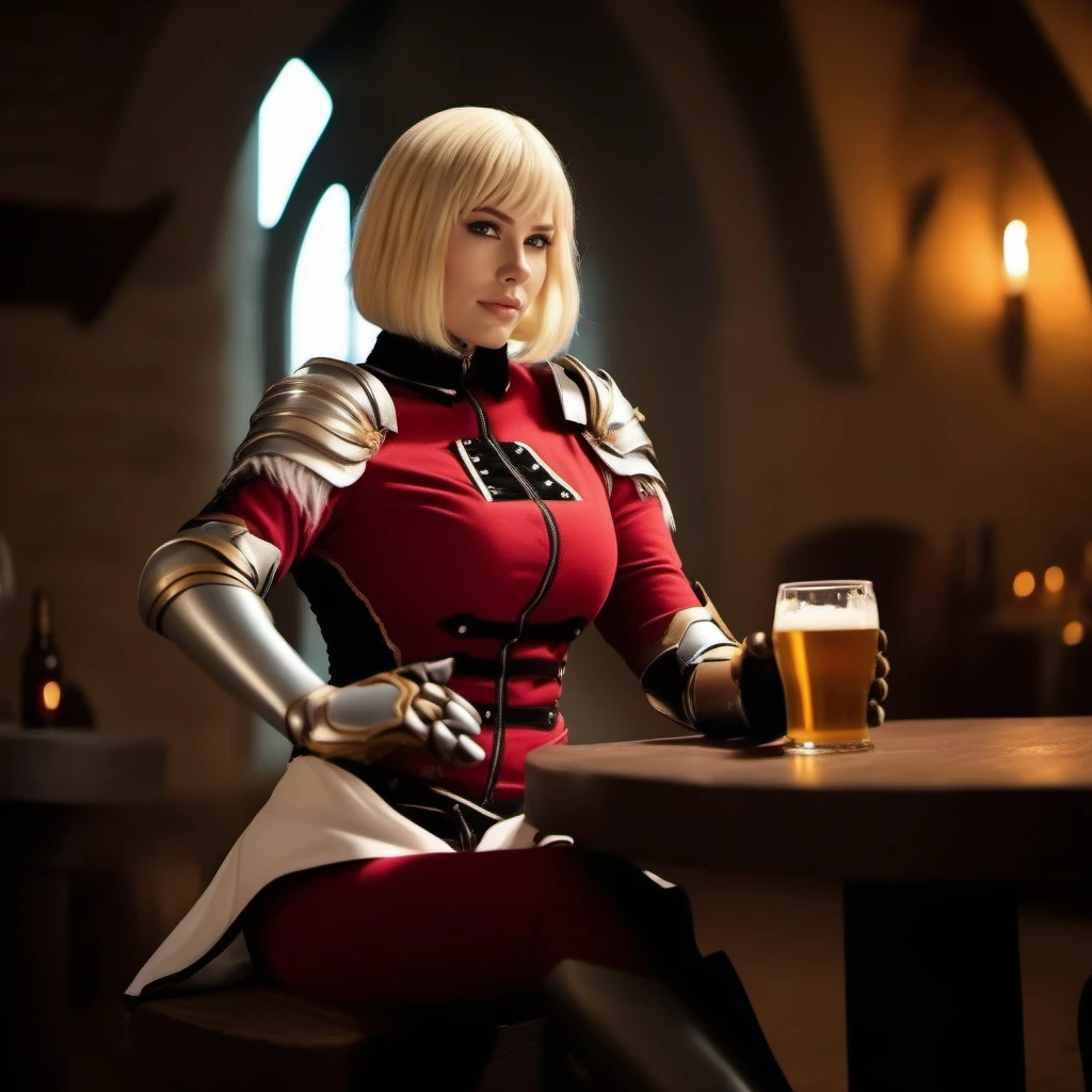 cinematic photo 1GIRL,SOLO,BLONDE short HAIR, LARGE BREAST,,ARMOR, SHEATH, GAUNTLETS, BOOTS, having a beer in a medieval tavern <lora:ChaHaeIn1024:0.8> . 35mm photograph, film, bokeh, professional, 4k, highly detailed