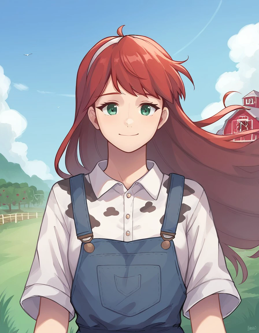 score_9, score_8_up, score_7_up, rating_safe, solo, folait, upper body, overalls, (cow print shirt), red hair, long hair, windblown hair, farm, looking down at viewer, slight smile