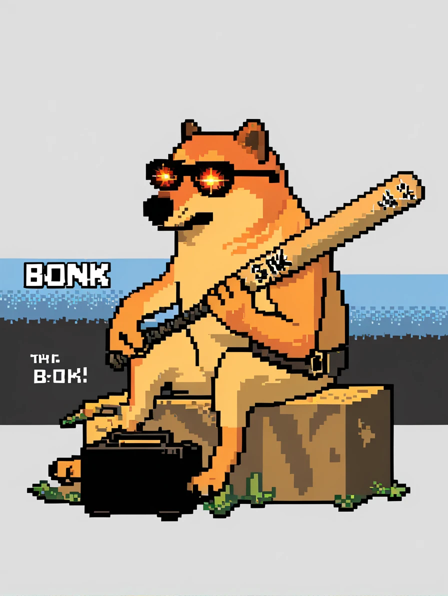 <lora:Doge:1>, d0ge, weapon over shoulder, baseball bat, cool, sunglasses, pixel art, no human, solo, 2d, source cartoon, holding bat, holding weapon, sitting, bonk, text, <lora:huge_weapon_pony:1>, furry, anthro, glowing eyes,, BREAK score_9, score_8, (score_7:0.5), (score_6:0.5), score_6_up, score_7_up, BREAK