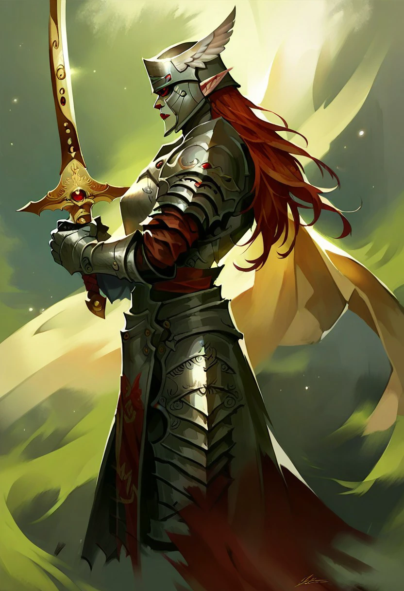 score_9, score_8_up, 1girl, solo, elf, red hair, red eyes, red lips, , armor, helmet, weapon, full armor, holding, gauntlets, female focus, helm, shoulder armor, from side, sword, breastplate, knight, holding weapon, pauldrons