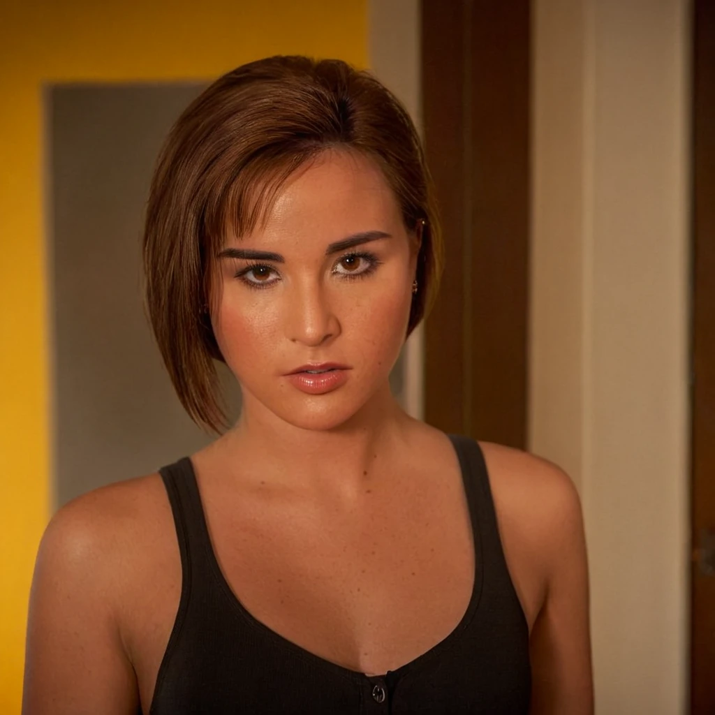cinematic film still of <lora:Allison Scagliotti:0.9>
<lora:perfection style:1> perfection style
<lora:TeethXL:1>
Allison Scagliotti a woman in a black dress posing for a picture, movie themed, sharp, detailed, epic cinematic photography, artistic, dramatic light, cinematic color style, Allison Scagliotti style, 1girl, solo, breasts, looking at viewer, short hair, brown hair, brown eyes, jewelry, upper body, earrings, dark skin, dark-skinned female, lips, makeup, yellow background, freckles, realistic, simple background, sleeveless, mole, piercing
, shallow depth of field, vignette, highly detailed, high budget, bokeh, cinemascope, moody, epic, gorgeous, film grain, grainy