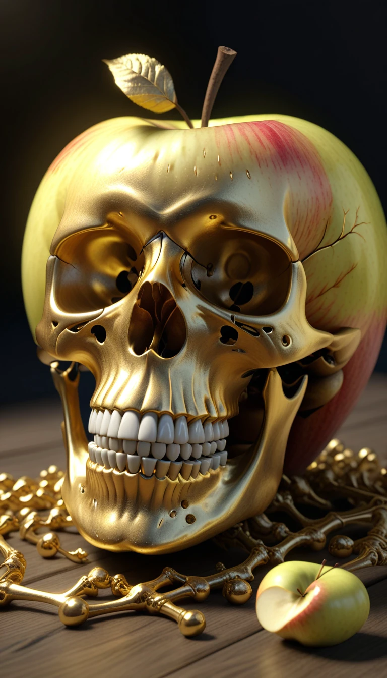 golden bad skeleton apple,Raytraced Global Illumination,realistic