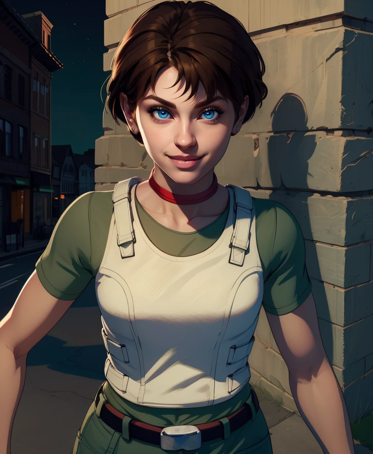 rebbecca,blue eyes,brown hair,short hair,
green shirt,vest,belt,short sleeves,red choker,
night,town,light smile,   
standing, 
(insanely detailed,  masterpiece, best quality),solo,<lora:Rebbeccachambers:0.9>,