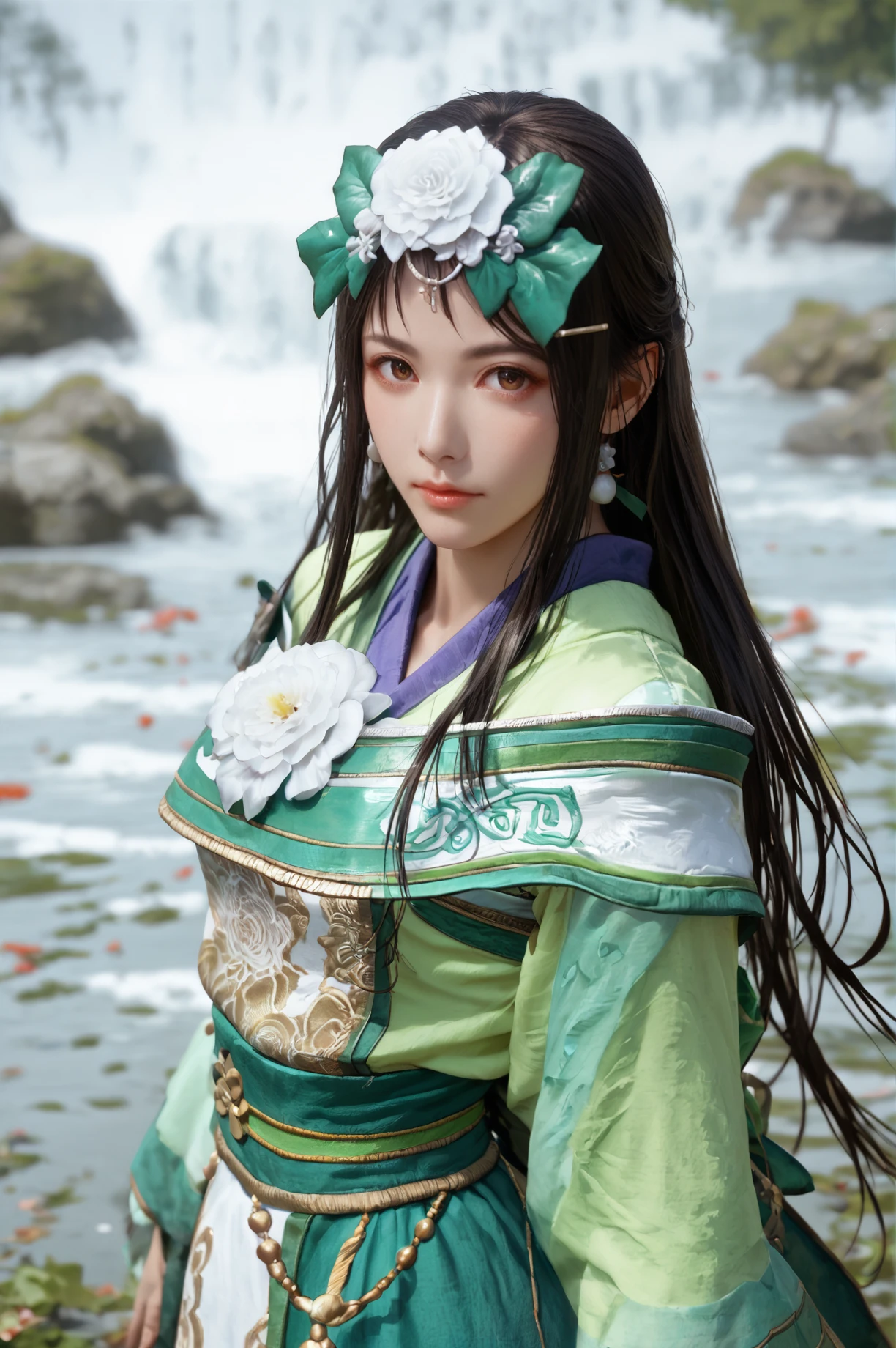 score_9, score_8_up, score_7_up , masterpiece, best quality, perfect anatomy, BREAK <lora:Xiahouji_Dynasty_Warrior:0.7> 1girl, solo, long hair, black hair, hair flower, chinese clothes, cowboy shot, looking at viewer