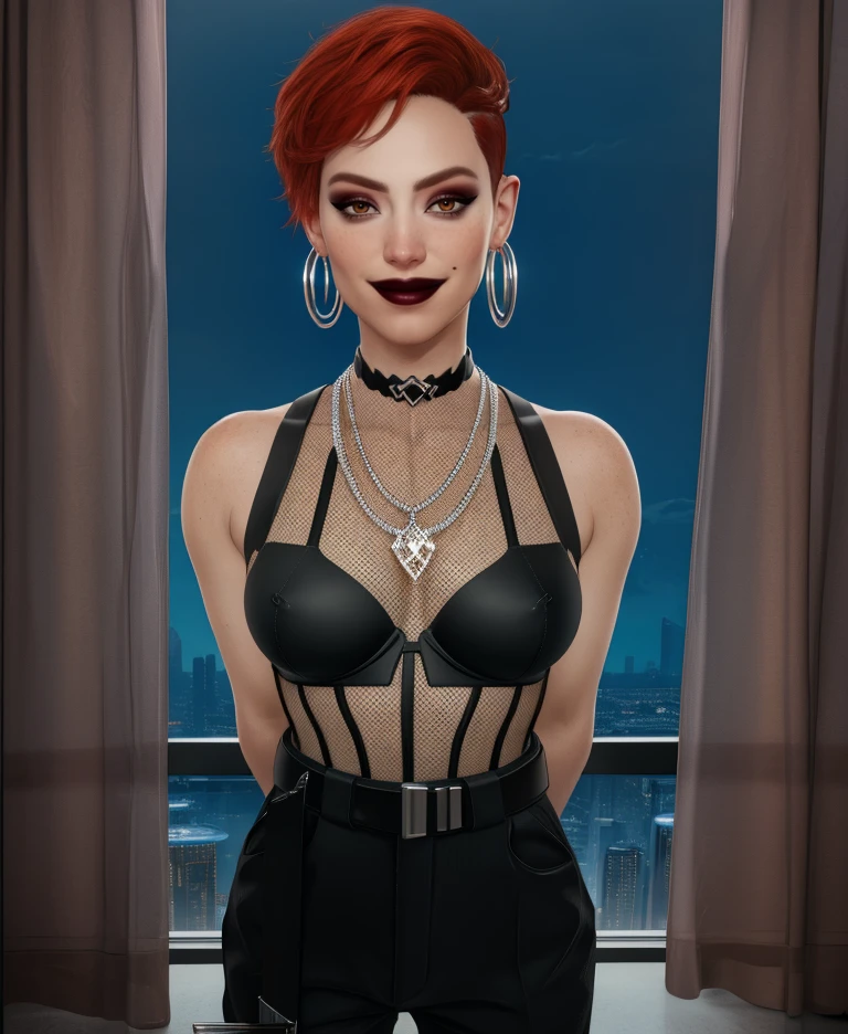 aurore,brown eyes,red hair,short hair,
makeup,choker,belt,hoop earrings,necklace,fishnet top,looking at viewer,black pants,
light smile,sleeveless, arms arms behind back,    
science fiction,night,night club,
(insanely detailed, masterpiece, best quality),solo,<lora:aurorecassel:0.8>,