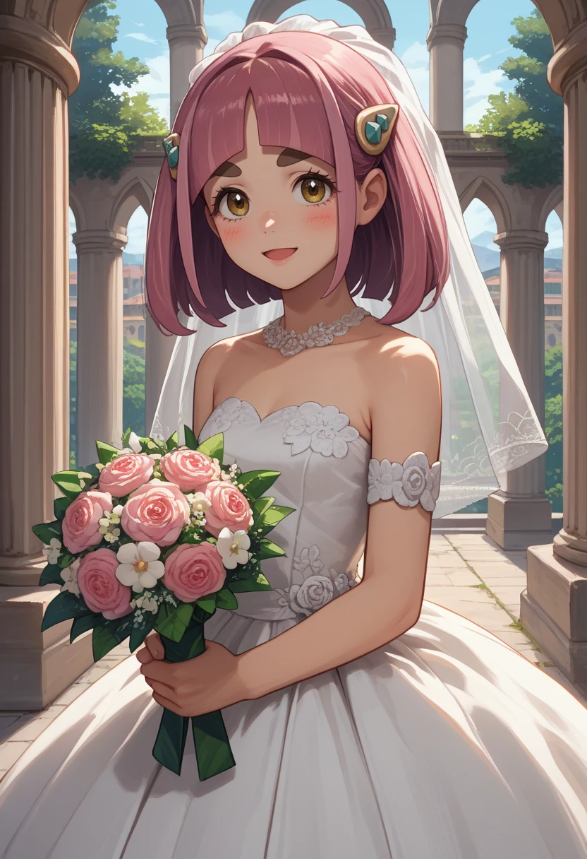 score_9, score_8_up, score_7_up, source_anime, solo, 1girl, pokemonlacey, blush, happy, looking at viewer, holding bouquet, arched bangs, hairclip, eyelashes, thick eyebrows, wedding gown, white dress, arch, pillar, flower <lora:pokemon_lacey_ponyXL:1>