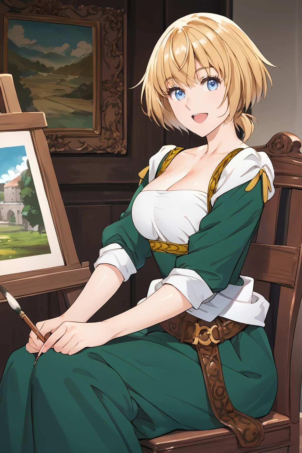 score_9, score_8_up, score_7_up, , source_anime, artearte, 1girl, solo, blue eyes, blonde hair, short hair, ponytail,  , painting \(action\), paintbrush, looking at viewer, , large breasts, smile. open mouth, green dress, belt , standing,  holding, sitting,  chair, <lora:arte_pony-000016:1>