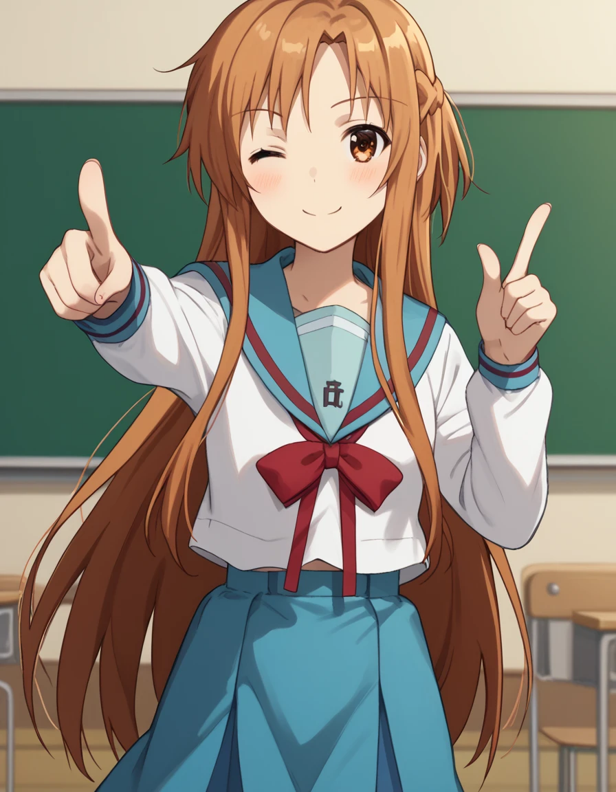 score_9, score_8_up, score_7_up, source_anime, asunayuuki, <lora:asuna-yuuki-s1-ponyxl-lora-nochekaiser:1>, asuna yuuki, long hair, brown hair, brown eyes,, <lora:haruhi-suzumiya-cosplay-ponyxl-lora-nochekaiser:1>, haruhisuzumiyacosplay, suzumiya haruhi \(cosplay\), skirt, long sleeves, school uniform, serafuku, sailor collar, blue skirt, blue sailor collar, winter uniform, kita high school uniform,, classroom, one eye closed, pointing at viewer, smile, blush,, cowboy shot, dutch angle, solo,