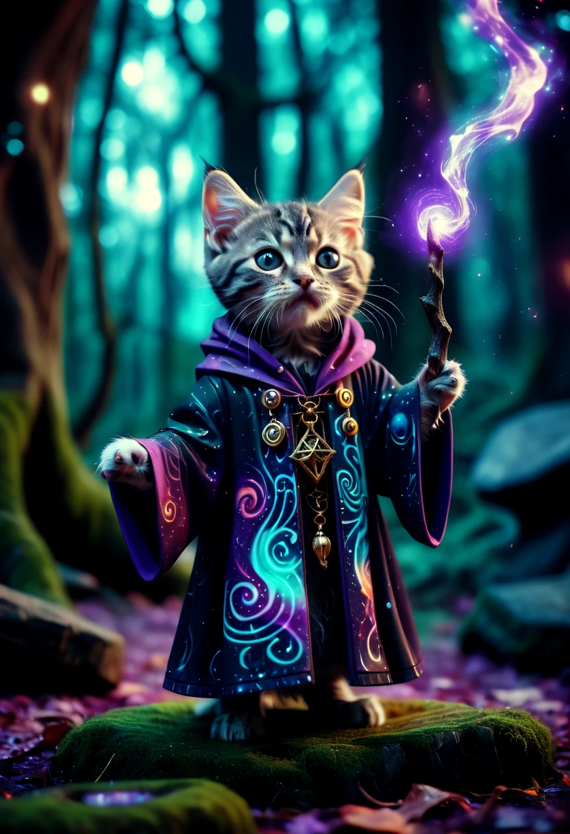 psychedelic style a cute kitten wearing a wizards robe casting magic spells in a mystical fantasy forest . vibrant colors, swirling patterns, abstract forms, surreal, trippy, horror-themed a cute kitten wearing a wizards robe casting magic spells in a mystical fantasy forest . eerie, unsettling, dark, spooky, suspenseful, grim, highly detailed, lovecraftian horror a cute kitten wearing a wizards robe casting magic spells in a mystical fantasy forest . eldritch, cosmic horror, unknown, mysterious, surreal, highly detailed, cinematic photo a cute kitten wearing a wizards robe casting magic spells in a mystical fantasy forest . 35mm photograph, film, bokeh, professional, 4k, highly detailed