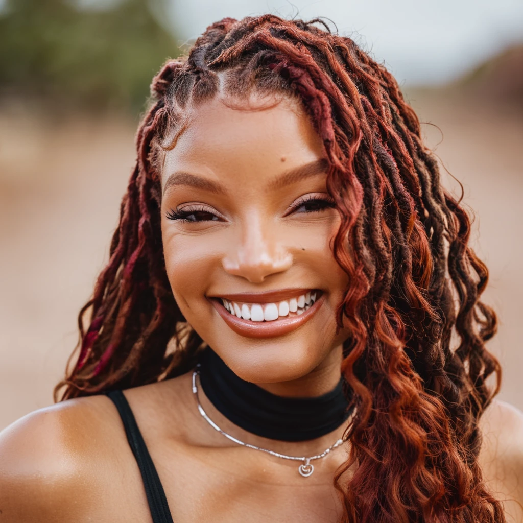 Skin texture, no makeup, Super high res closeup portrait photo of a woman outdoors with wavy red hair smiling, choker,f /2.8, Canon, 85mm,cinematic, high quality,looking at the viewer, halxbailey,  <lora:halbailey_juggerX_xl_1_st_woc_merger_50_127_03_07-halxbailey:1.1>