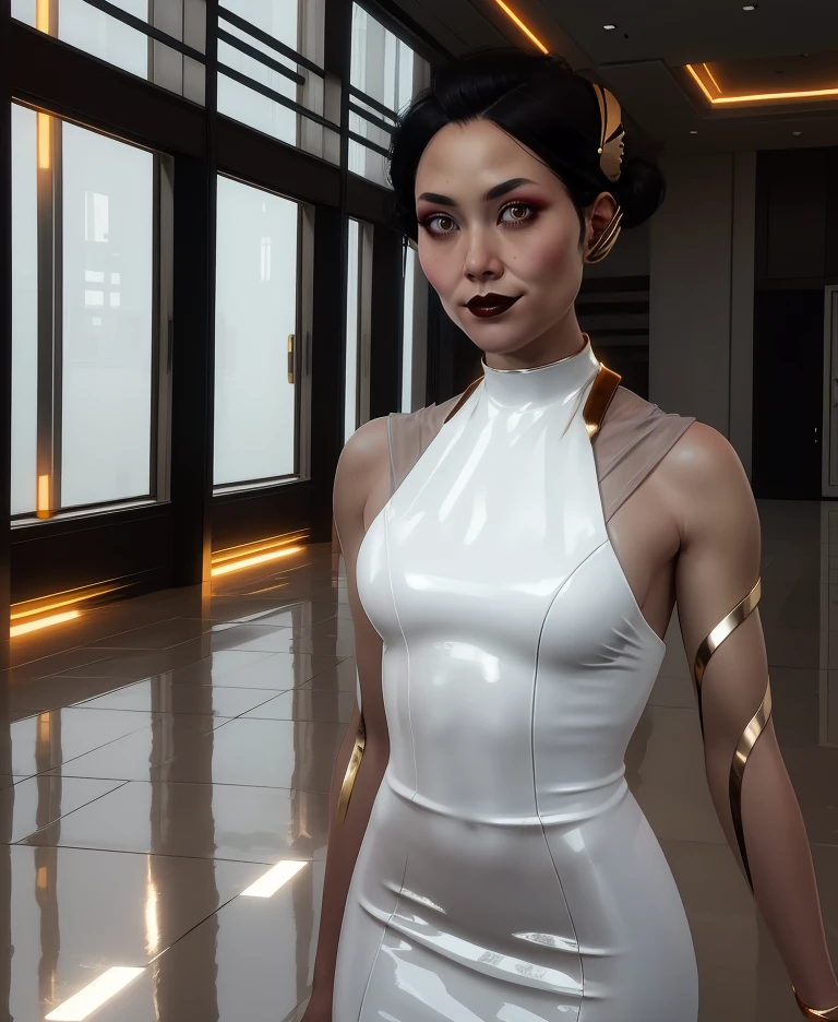 hanako,black hair,lips,hair ornament,hairbun,brown eyes,glowing eyes,
white dress,jewelry,gold earpiece,
light smile,looking at viewer,
standing,
indoors,lobby,science fiction,
(insanely detailed, masterpiece, best quality),solo,<lora:HanakoArasaka-CP77-16:0.8>,