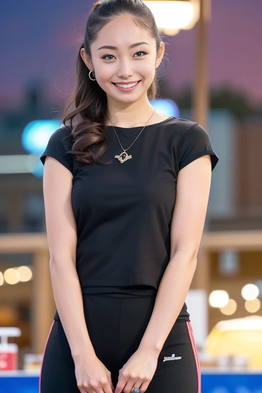 1girl,(RAW photo, best quality), (realistic, photo-realistic:1.4), masterpiece, an extremely delicate and beautiful, extremely detailed, 2k wallpaper, Amazing, finely detail, extremely detailed CG unity 8k wallpaper, ultra-detailed, highres, soft light, beautiful detailed girl, extremely detailed eyes and face, beautiful detailed nose, beautiful detailed eyes,cinematic lighting,perfect anatomy,slender body
(wearing tshirt)(yoga pants),standing
(at a park at night),(japan summer festival),(festival stalls:1.2),(city lights at night),
smiling
 <lora:andomiki_lora:0.7>