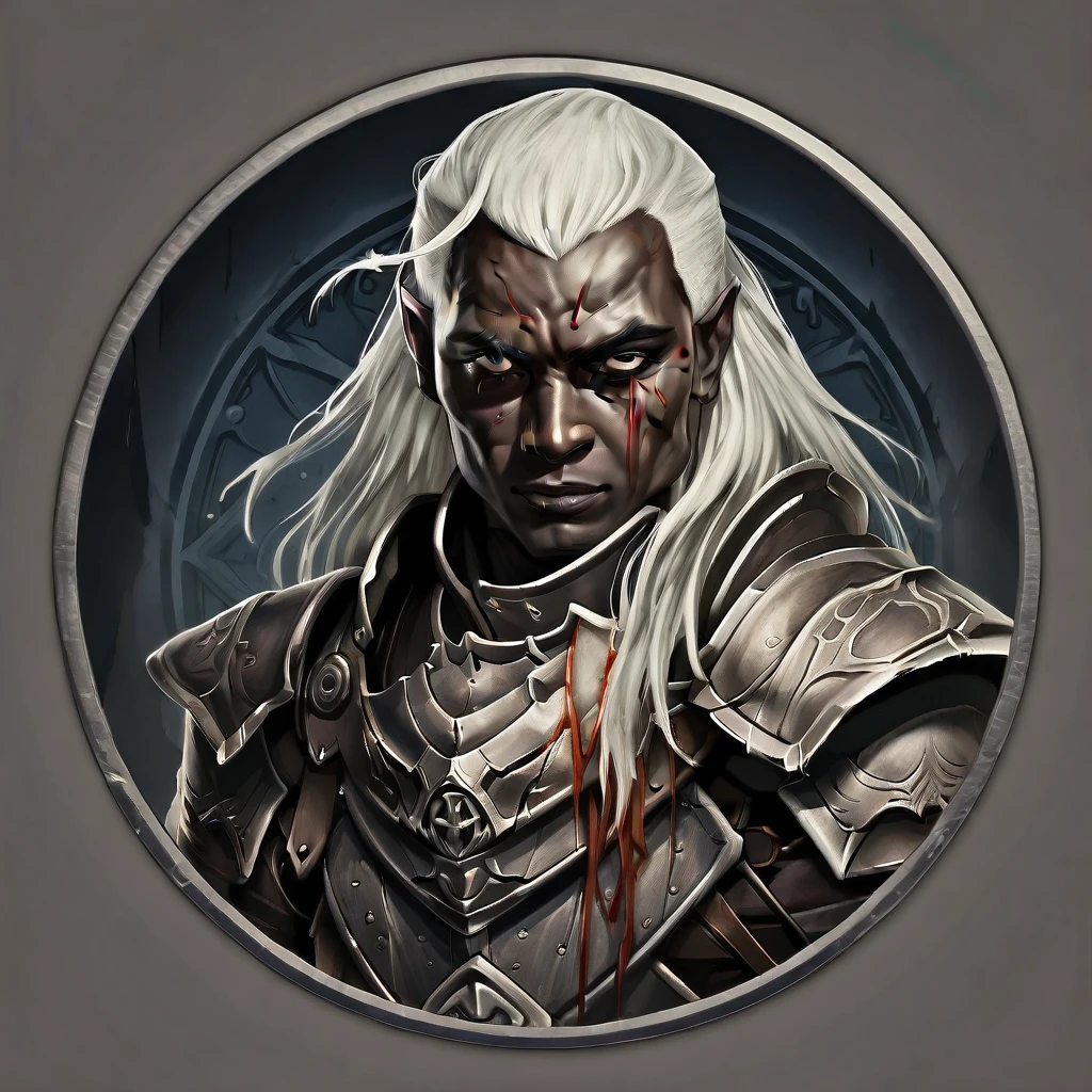 circle icon, content in the circle icon, simple background, solo, 1boy, male focus, pointy ears, white hair, armor, dark skin, dark-skinned male, scar, long hair, looking at viewer, blood, shoulder armor