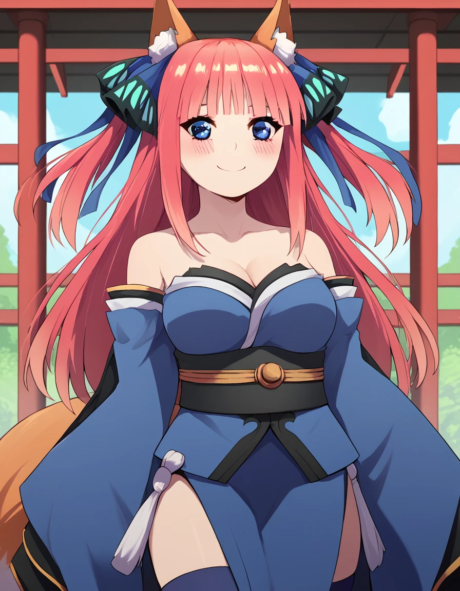 score_9, score_8_up, score_7_up, source_anime, <lora:nnakano-s2-ponyxl-lora-nochekaiser:1>, long hair, bangs, blue eyes, hair ornament, hair ribbon, pink hair, blunt bangs, two side up, butterfly hair ornament, mature female, large breasts,, <lora:tamamo-no-mae-cosplay-ponyxl-lora-nochekaiser:1>, tamamonomaecosplay, tamamo no mae \(cosplay\), animal ears, bare shoulders, blue kimono, blue thighhighs, detached sleeves, fox ears, fox tail, japanese clothes, kimono, obi, sash, collarbone, thighhighs, wide sleeves,, shrine, smile, blush,, cowboy shot, dutch angle, solo,