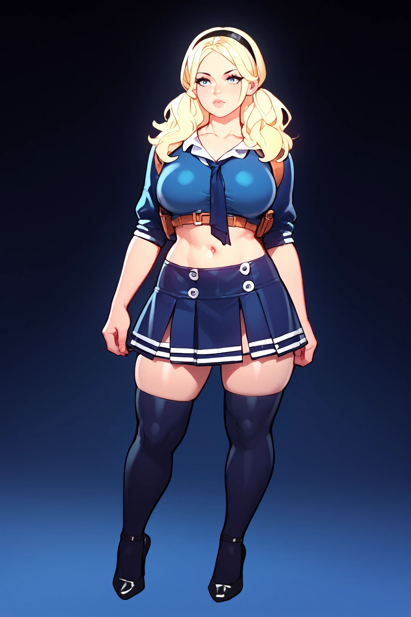 sapbd costume, blue crop top and skirt, thighhighs, blond, midriff,  <lora:babydoll_sapbd_costume:1>
large breasts, 
Gothic cathedral and moonlit and eerie atmosphere at background,
illustration of woman standing. professional. high quality. highres, full body. beautiful. young. cartoon
score_9, score_8_up, score_7_up, score_6_up