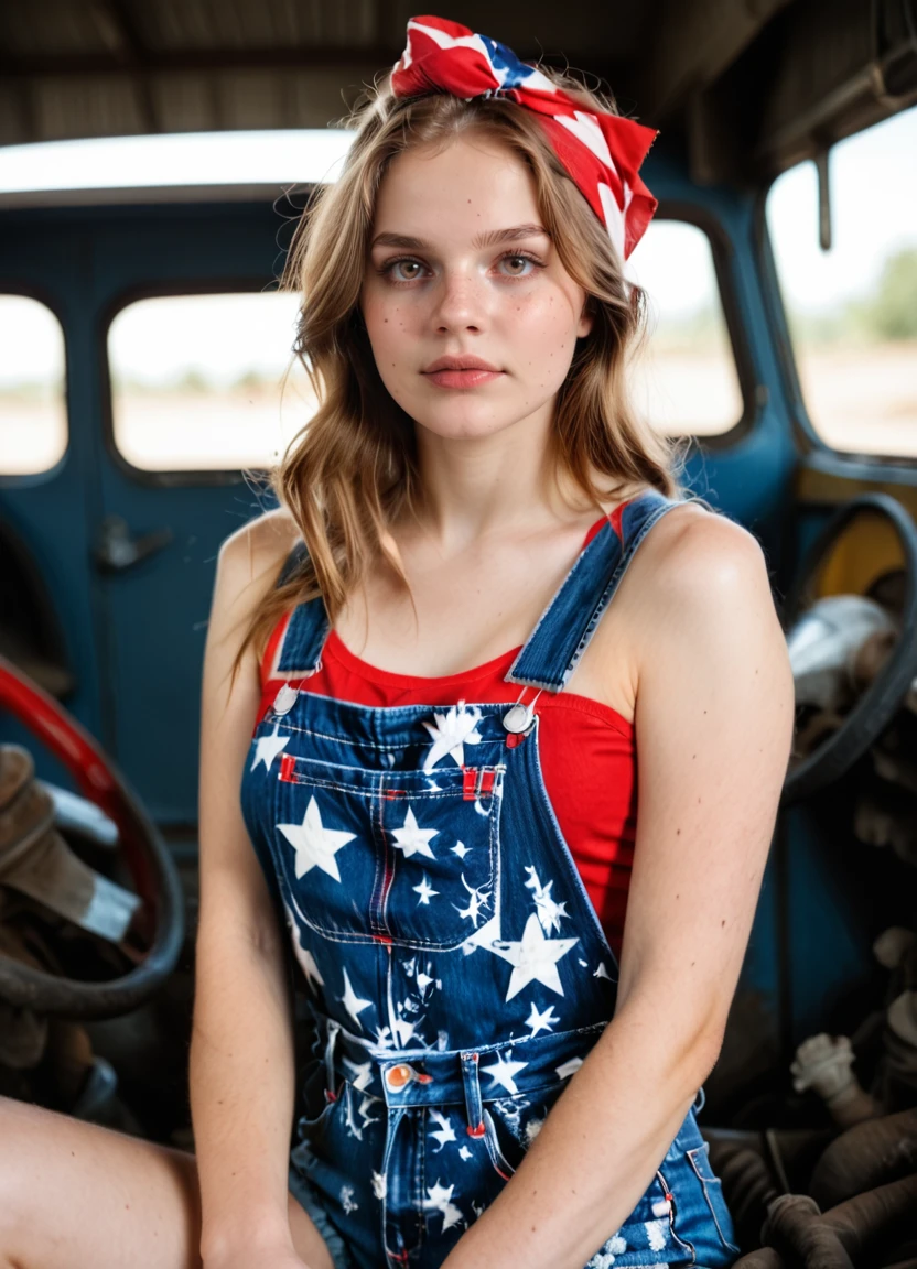 <lora:Jamie (the RBAAG)_epoch_10:0.9> j4mi3, 1girl, bandana, breasts, brown eyes, brown hair, denim, denim shorts, freckles, ground vehicle, lips, long hair, looking at viewer, motor vehicle, navel, overalls, patriotic, shorts, sitting, sleeveless, solo, tank top, score_9, score_8_up, score_7_up, source_photo, (photography, realistic:1.4),