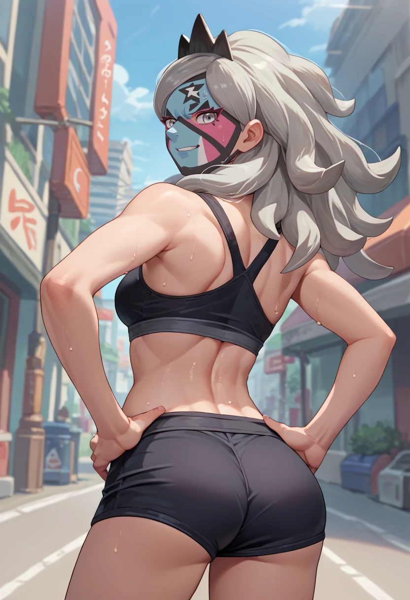 score_9, score_8_up, score_7_up, source_anime, from behind, solo, 1girl, pokemoneri, facepaint, sweat, smirk, looking back, hands on own hips, grey hair, tiara, mask, grey eyes, black sports bra, black shorts, short shorts, ass, outdoors, city street <lora:pokemon_eri_ponyXL:1>