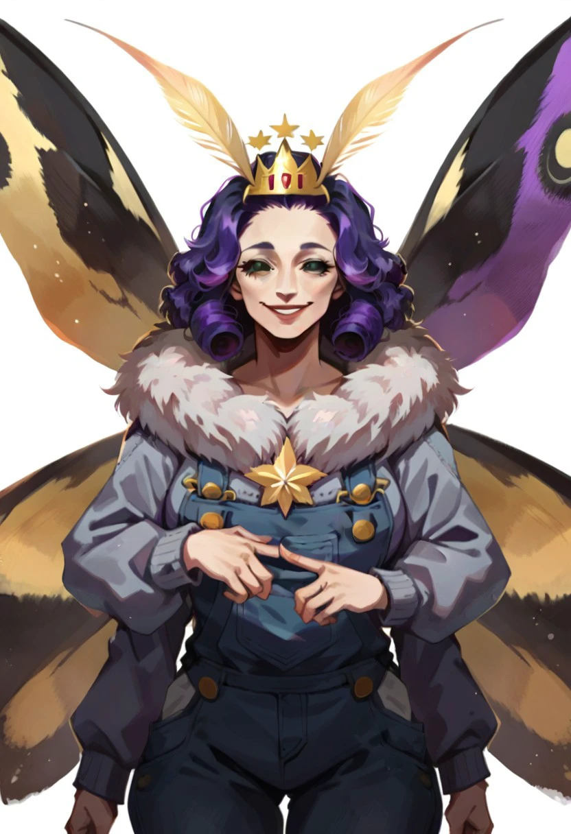 score_9, score_8_up, headshot portrait, mothgirl, moth antennae, four arms, fur trim, gold crown, oversized sweater, grey cardigan, overalls, white star pattern, short curly hair, purple hair, big wide black eyes, smiling, looking at viewer, moth wings, mature female,