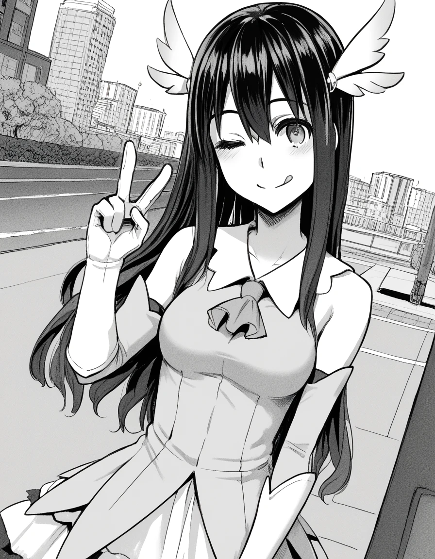 score_9, score_8_up, score_7_up, source_anime, sakiyoshida, <lora:saki-yoshida-manga-ponyxl-lora-nochekaiser:1>, saki yoshida, long hair, hair between eyes, monochrome, greyscale, black hair, medium breasts,, <lora:prisma-illya-cosplay-ponyxl-lora-nochekaiser:1>, prismaillyacosplay, prisma illya \(cosplay\), dress, elbow gloves, feather hair ornament, feathers, frilled dress, frills, gloves, hair ornament, layered gloves, magical girl, orange ascot, pink dress, pink feathers, pink gloves, pink sleeves, white gloves,, cityscape, street, smile, blush, v, v over eye, one eye closed, tongue out,, cowboy shot, dutch angle, solo,