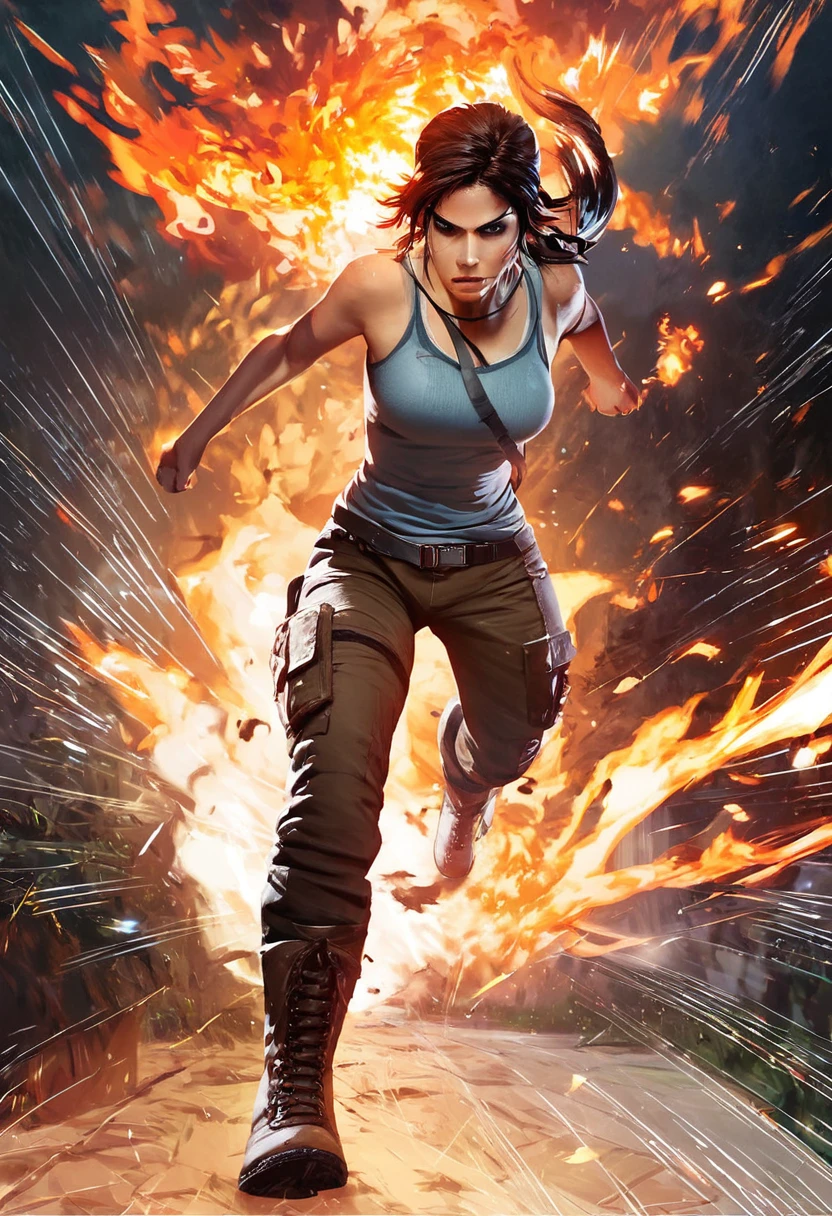 score_9, score_8_up, score_7_up, score_6_up, lara croft, full body, light blue tank top, brown pants, boots, burning fire, running, speed lines, (brown eyes) <lora:LaraCroft2013:0.9>