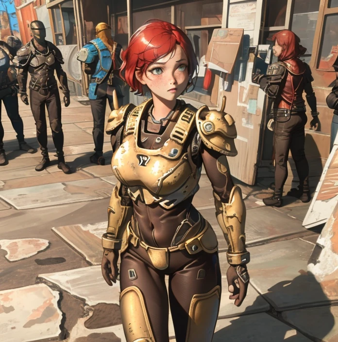 <lora:Metal_Armor_Fallout:0.8> falloutmetal, armor, gray armor, breastplate, gloves, full_armor,   <lora:fallout4-cait:.6> fallout4-cait, short_hair, red hair, freckles, best quality, masterpiece, detailed, 8K, uhd, (extremely detailed CG unity 8k wallpaper),(masterpiece), (best quality), (ultra-detailed), (best illustration), detailed face, skin pores, detailed skin, detailed eyes, high quality eyes, good quality hands, high resolution, great anatomy