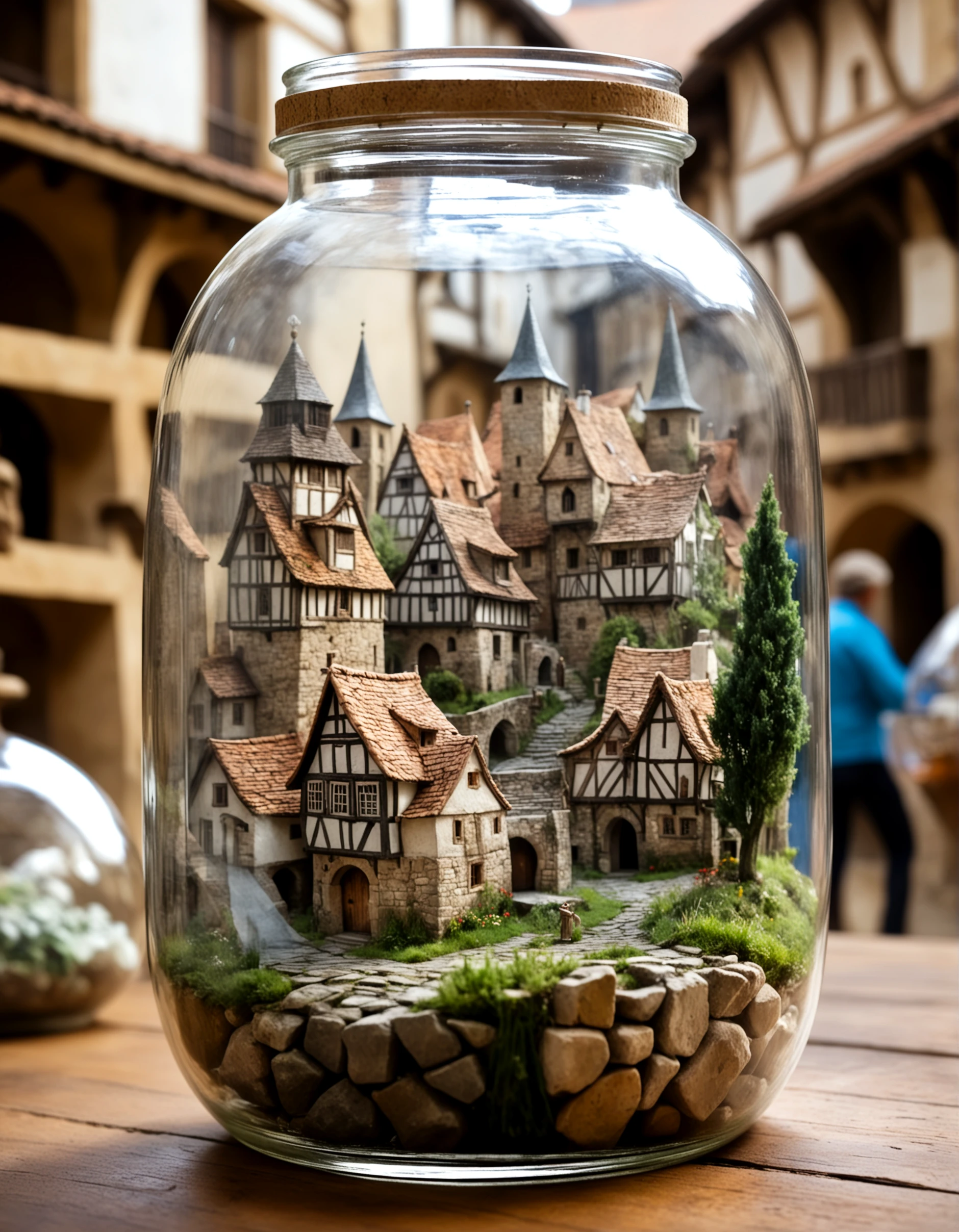 a medieval town inside a glass jar