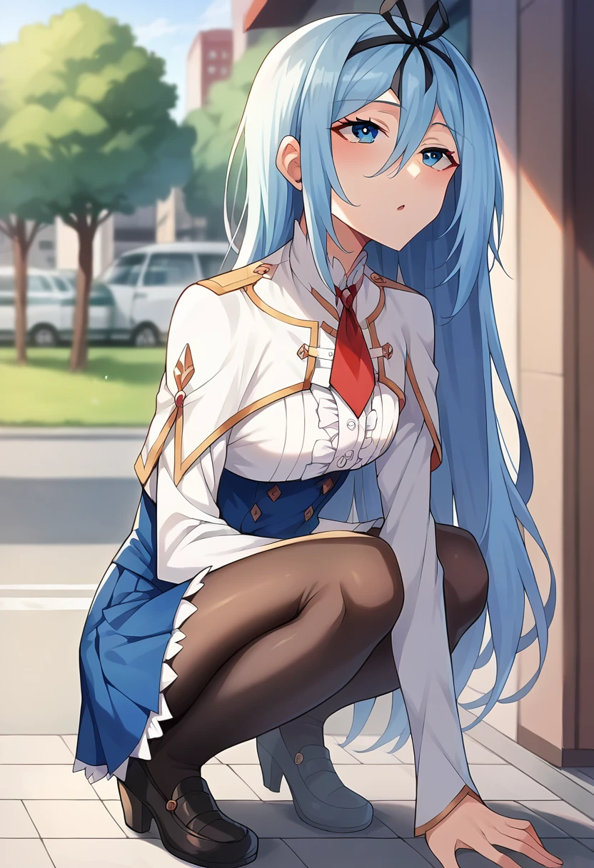 score_9, score_8_up, score_7_up, source_anime, masterpiece, 1girl, ctiankrulc1fer, light blue hair, blue eyes, white capelet, red necktie, underbust, blue skirt, center frills, frilled skirt, long sleeves, black pantyhose, looking up, squatting, arm supportlooking at viewer, outdoors, city, depth of field, sunny, day, <lora:Krulcifer_Einfolk_pony_ct:1>