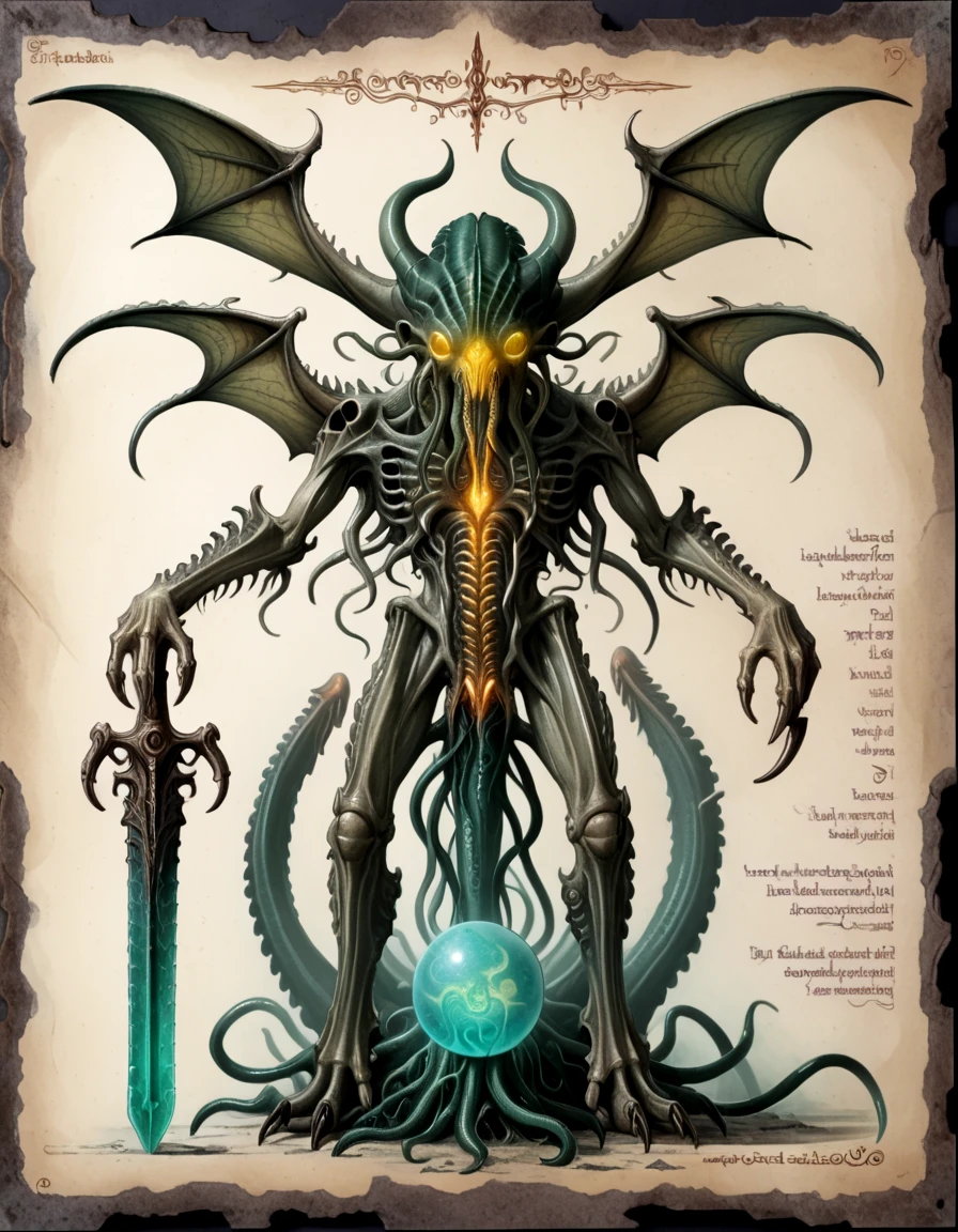 necronomicon, solo, looking at viewer, standing, full body, yellow eyes, weapon, wings, horns, teeth, sword, no humans, glowing, traditional media, glowing eyes, claws, tentacles, skull, monster, fantasy, orb, alien, demon, eldritch abomination, h.p. lovecraft, cthulhu mythos
 <lora:necronomicon:1>