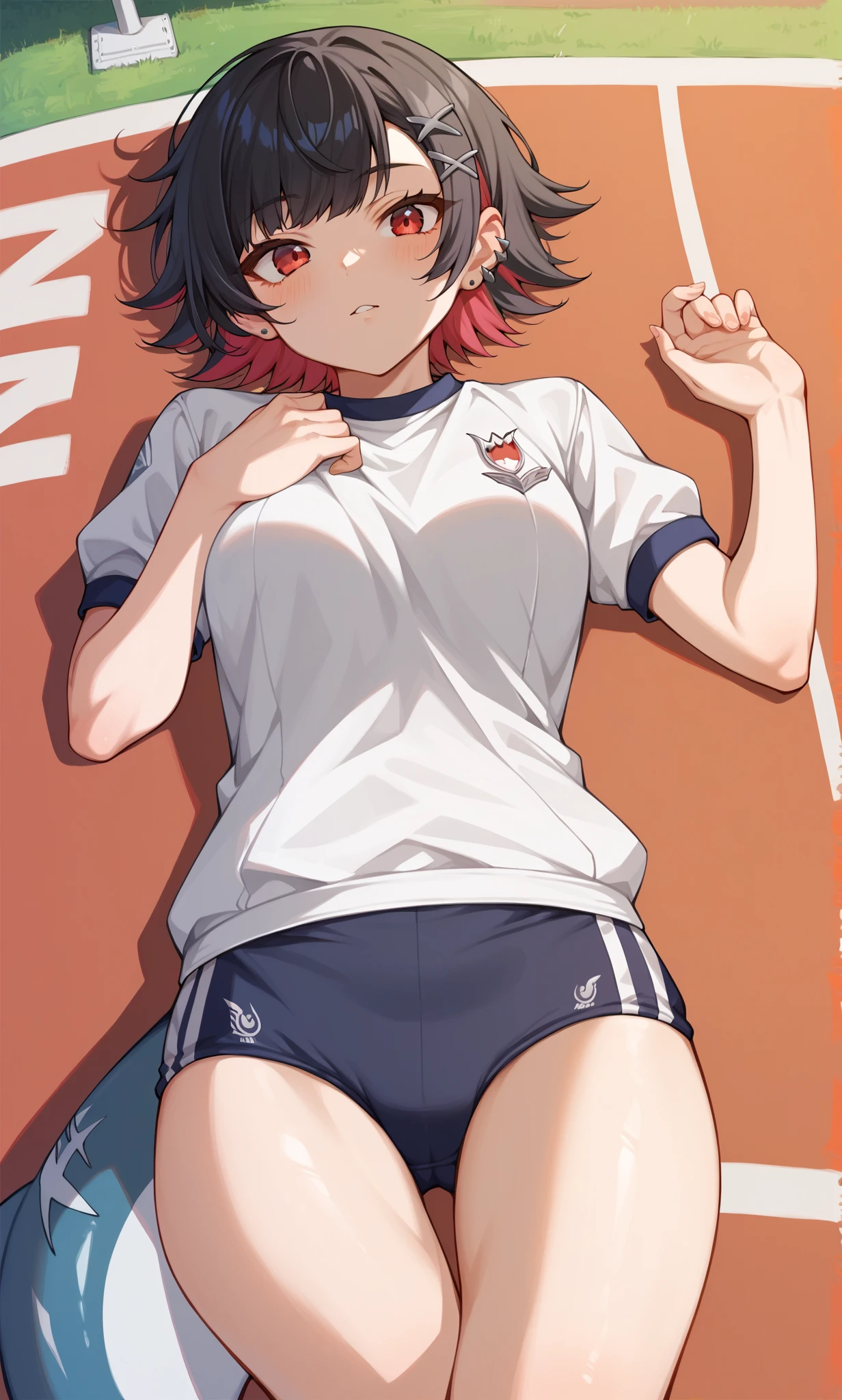 score_9, score_8_up, score_7_up, score_6_up, score_5_up, score_4_up, BREAK source_anime, 1girl, solo, outdoors, stadium, cowboy shot, looking at viewer, :o, ellen, red eyes, black hair, short hair, colored inner hair, hairclip, ear piercing, fins, shark tail, hair ornament, white shirt, short sleeves, gym uniform, blue buruma, lying, on back