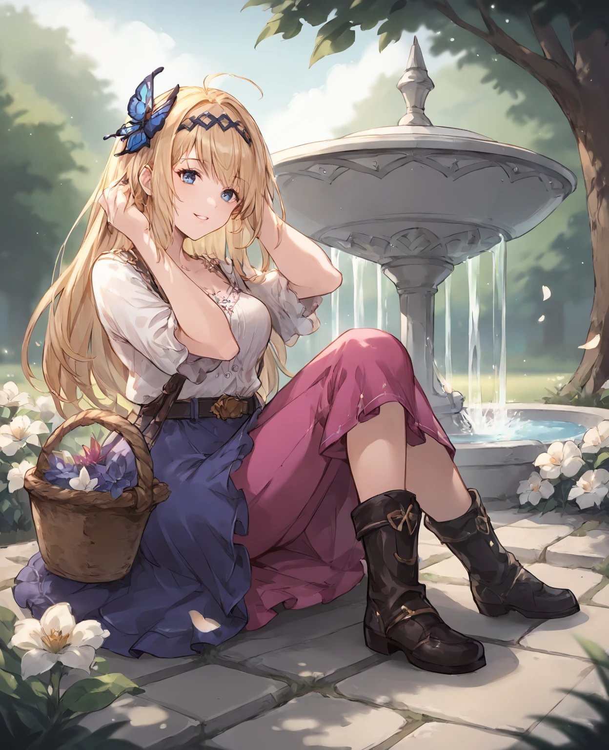 score_9,score_8_up,score_7_up,source_anime,rating_safe BREAK masterpiece,highres,best quality,high quality,dramatic angle,cinematic lighting,1girl,<lora:CygamesJeanne_V4_pony-000030:0.86>,blonde hair,blue eyes,Costume2,JeanneVillage,hair flower,hair ornament,hairband,headgear,white shirt,blue skirt,pink skirt,belt,holding a basket of flowers,boots,depth of field,blurry background,grass,flowers,petals,smile,parted lips,looking at viewer,layered skirt,frils,ribbon,close-up,sunshine,()from below:1.1),adjusting hair,portrait,long skirt,sitting,one leg up,fountain,woods,butterfly,from side