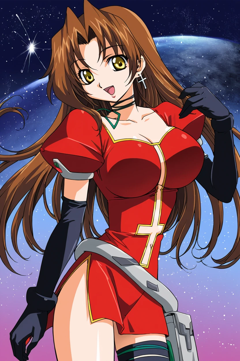 score_9, score_8_up, score_7_up, source_anime BREAK 1girl, solo, kiddy_eclair, 1990s\(style)\, red dress, belt, waist holster, choker, puffy short sleeves, black elbow gloves, cutout clothes, navel cutout, side slit, single thighhigh, cross earrings, hair intakes, brown hair, long hair, large breasts, dark yellow eyes, looking at you, smile, open mouth, cowboy shot, space background <lora:kiddy_eclair:0.9>