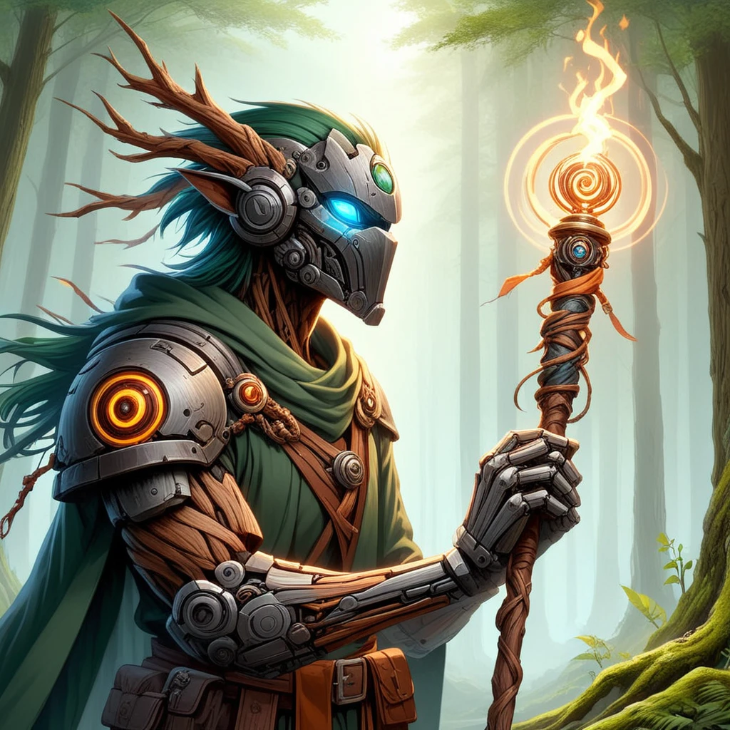 NaturePunk, A mage with a living wood staff, wearing clothing of wood metal and stone, casting a glowing spell