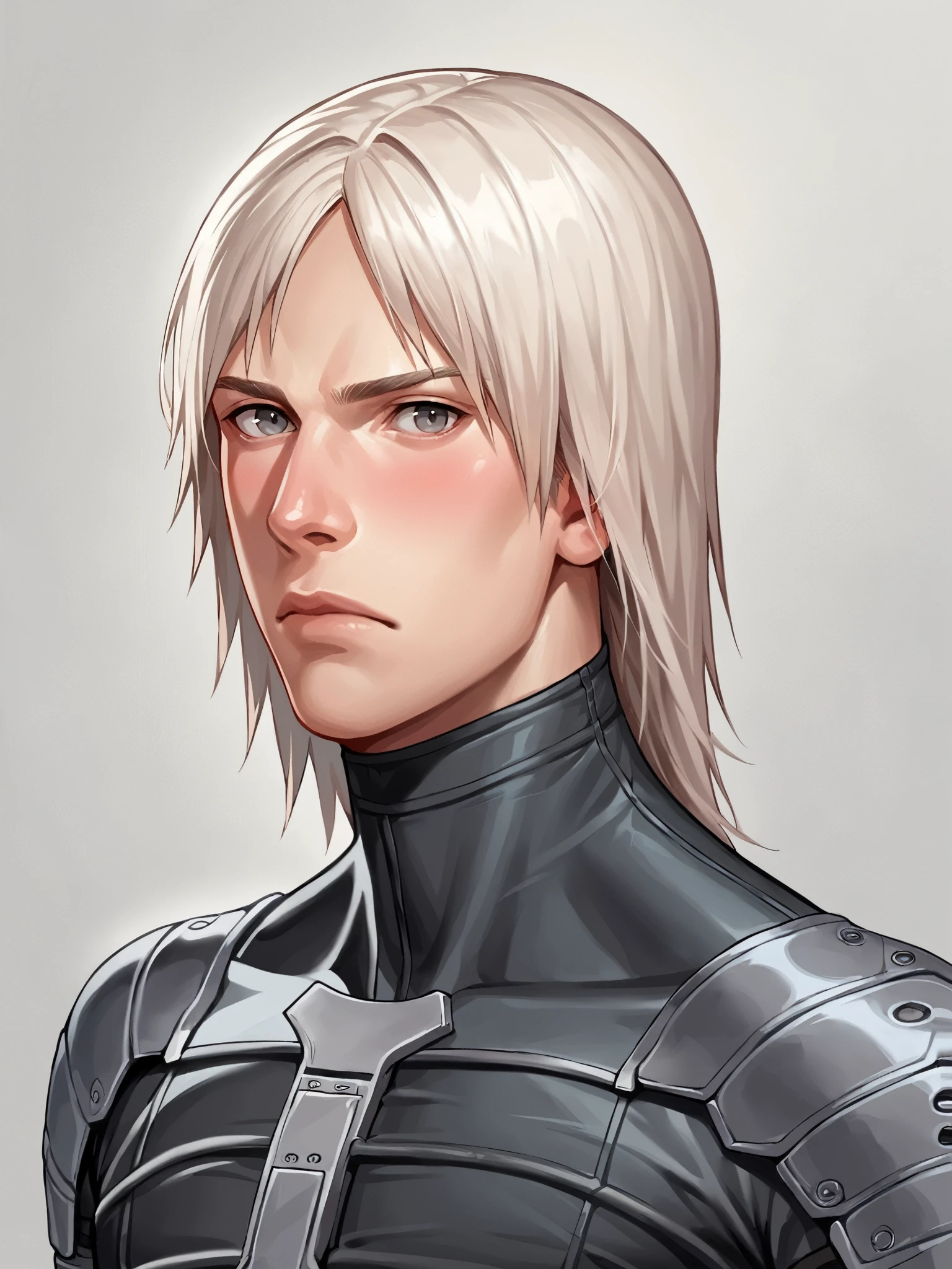 core_9, score_8_up, score_7_up, score_6_up, source_anime, realistic,((portrait:1.25)), (headshot), 1boy, ((male focus:1.25)), closeup, raiden_a, solo, very handsome, white hair, (( long length mullet:1.45)), grey eyes, armor,dark grey bodysuit, (armor:1.1), blush, looking at viewer, (skinny:1.25), dark, minimalistic background, <lora:Raiden_a-000001:0.9>, looking at the viewer,