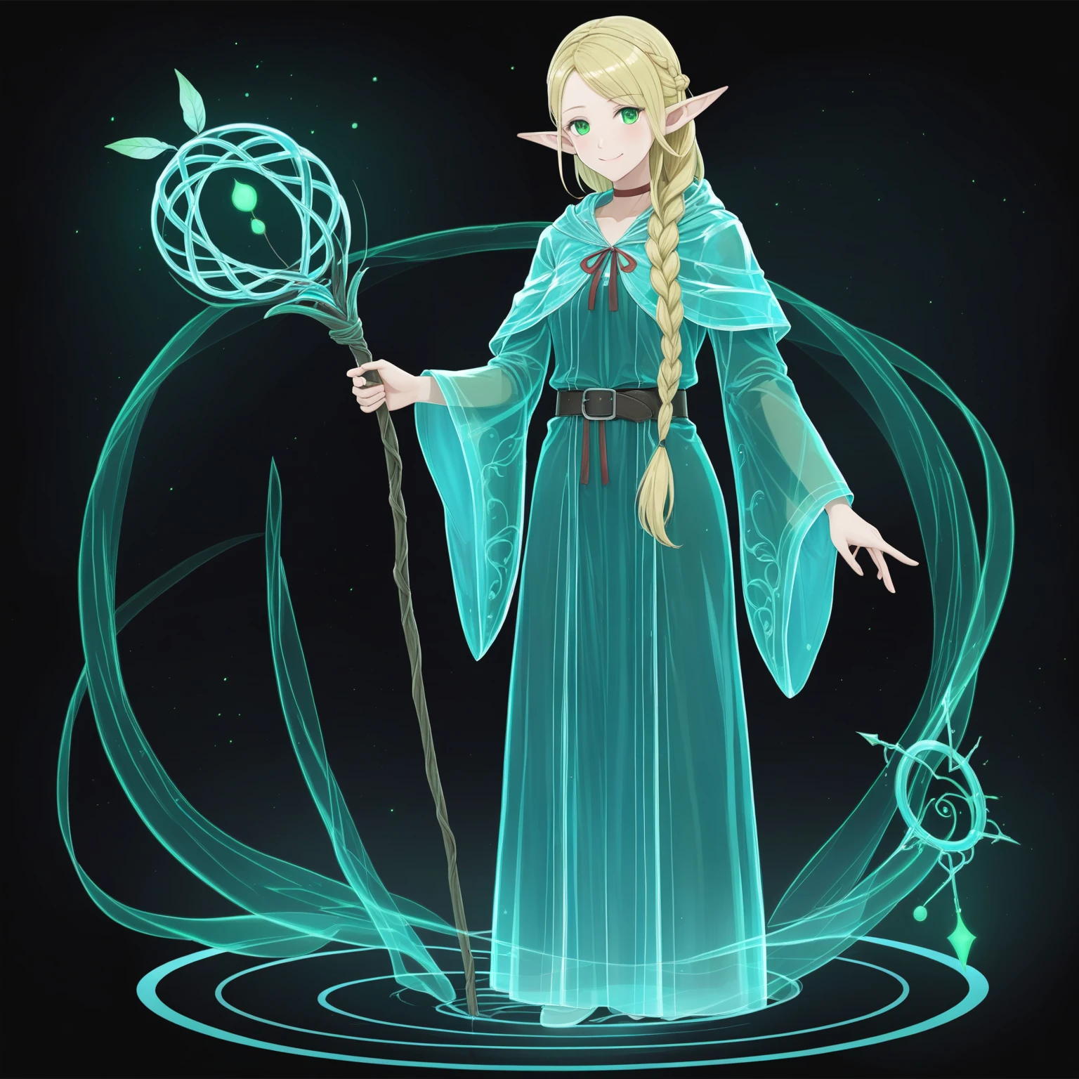 masterpiece,best quality,(quanxi3d:1.5),(holographic projection:1.5) ,holographic face,(white background,simple background), full body,  pointy ears, 1girl, solo, blonde hair, braid, staff,( green eyes:0.5), choker, hood, long hair, smile, holding, robe, holding staff, ribbon, hair over shoulder, hood down, hair ribbon, single braid, black choker, belt, long sleeves, with a green light , gridlines,(transparent), (transparent body:1.5), (transparent face:1.5), (transparent hands),(glowing body),<lora:quanxi31305-000028:1:lbw=ALL> , <lora:jingling:0.6>