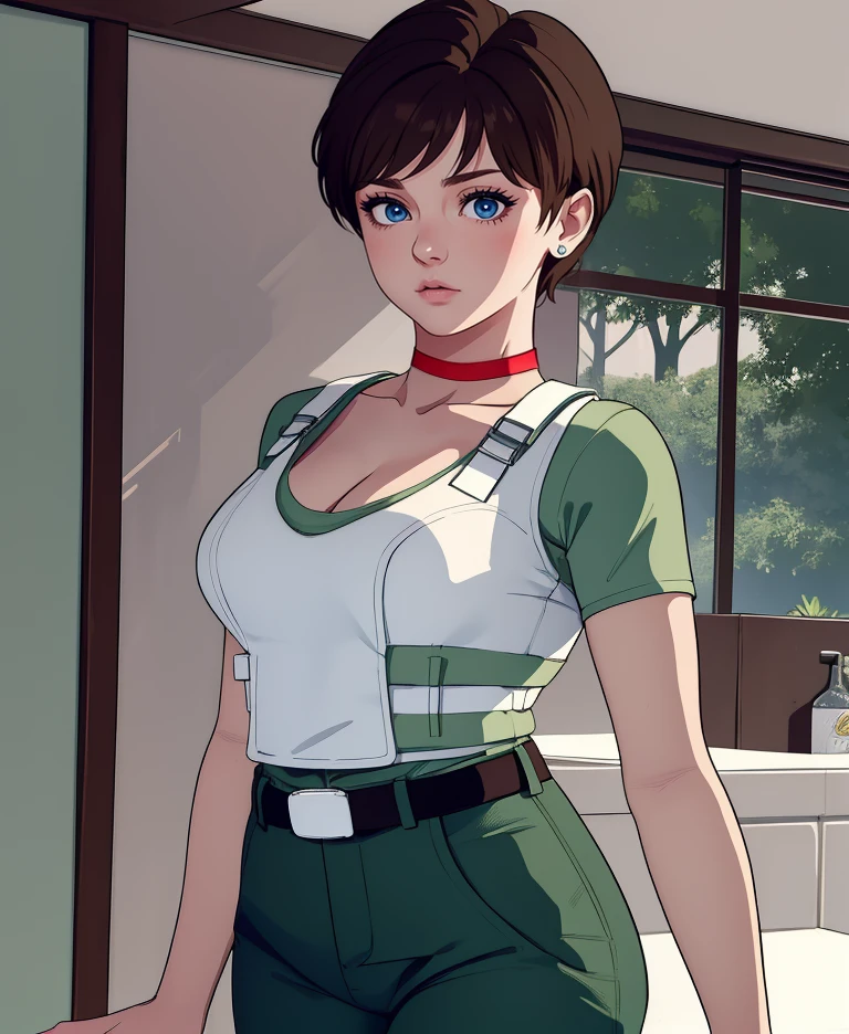 rebbecca,blue eyes,brown hair,short hair,
green shirt,white vest,belt,short sleeves,red choker,green pants,
cleavage,  
curvy,   
night,town,indoors,evening,
(insanely detailed,  masterpiece, best quality),solo,<lora:Rebbeccachambers:0.9>,