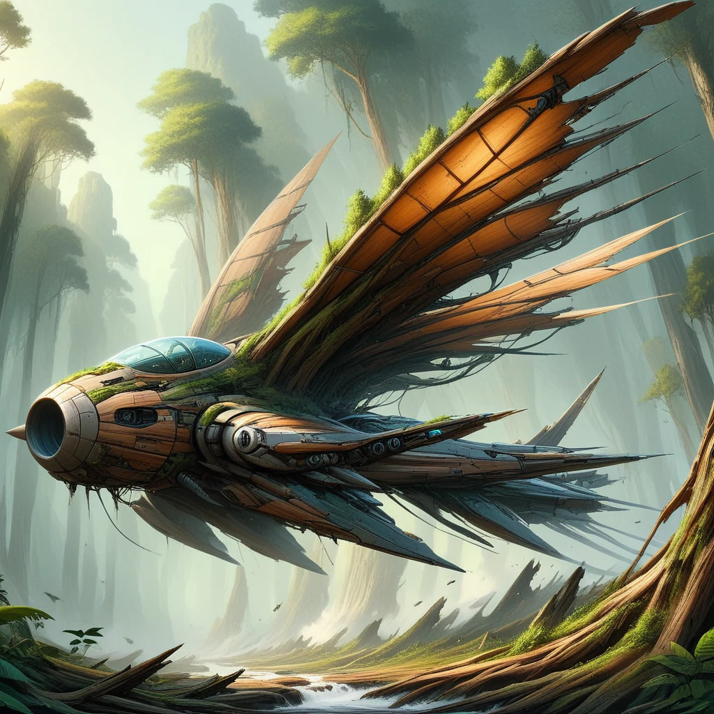 NaturePunk, A sci fi military fight jet that is made of living wood and stone and metal and glass, concept art, flying over a swamp