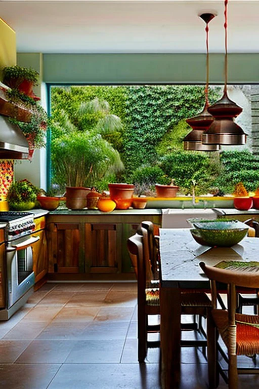 Indian_Building, InteriorType:UrbanDining, InteriorType:UrbanKitchen,  A warm and inviting Indian kitchen featuring a greenish wall, creating a lush and vibrant atmosphere. Wooden shelves are filled with a variety of potted plants, jars, and kitchenware, adding both color and texture. In the foreground, a wooden dining table and chairs provide a cozy spot for family gatherings. The kitchen countertop boasts a range of modern appliances, including a stove and a microwave. The backsplash is adorned with a colorful mosaic tile design, adding visual interest. Large windows allow natural light to flood in, highlighting the space and offering a picturesque view of a brick building outside.