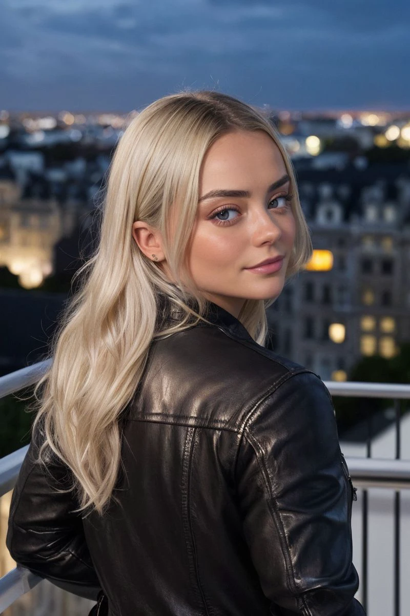 headshot of S464_MillieGibson,a gorgeous woman,on a (balcony:1.1),wearing a (leather jacket),(townscape),(4k, RAW photo, best quality, 50mm, depth of field, ultra high res:1.1),(intricate, photorealistic, cinematic-shot, masterpiece, ultra-detailed:1.1),