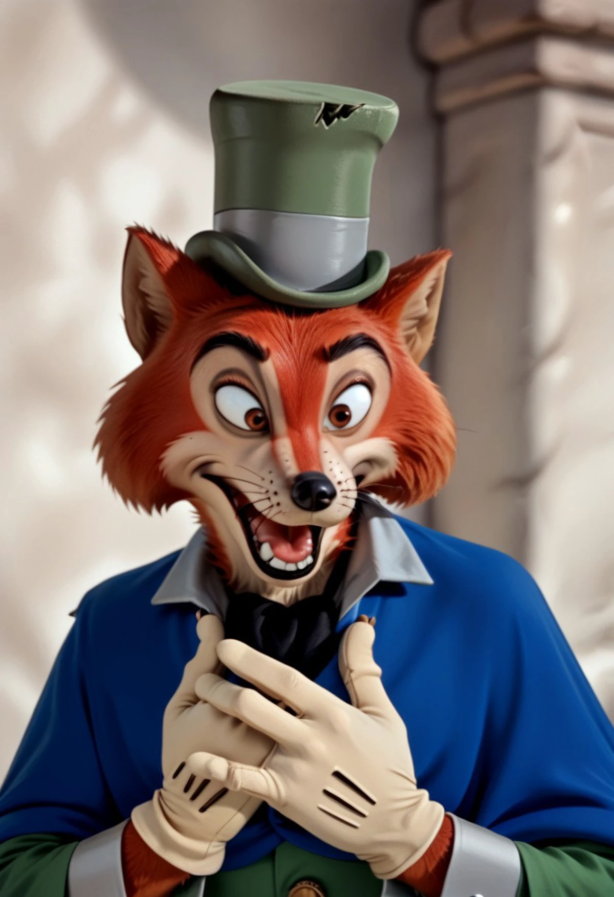 score_9, score_8_up, score_7_up, score_6_up, score_5_up, score_4_up, ((masterpiece, photorealistic, realistic, bedroom background, detailed fur, detailed face,)) Honest John, Honest John Foulfellow, Disney, furry male, male fox, anthropomorphic fox, cartoon fox, animal focus, disney, fox ears, fox tail, tan feet, claws, beige markings, beige face, detailed eyelids, brown eyelids, black eyebrows, tan inner-ears, furry cheeks, whiskers, brown eyes, black nose, green top hat, green shirt, grey cuffs, grey collar, black ascot, blue cloak, cloak red liner, gold buttons, beige gloves, torn gloves, three fingers, three toes, solo, 1boi, headshot, shocked expression