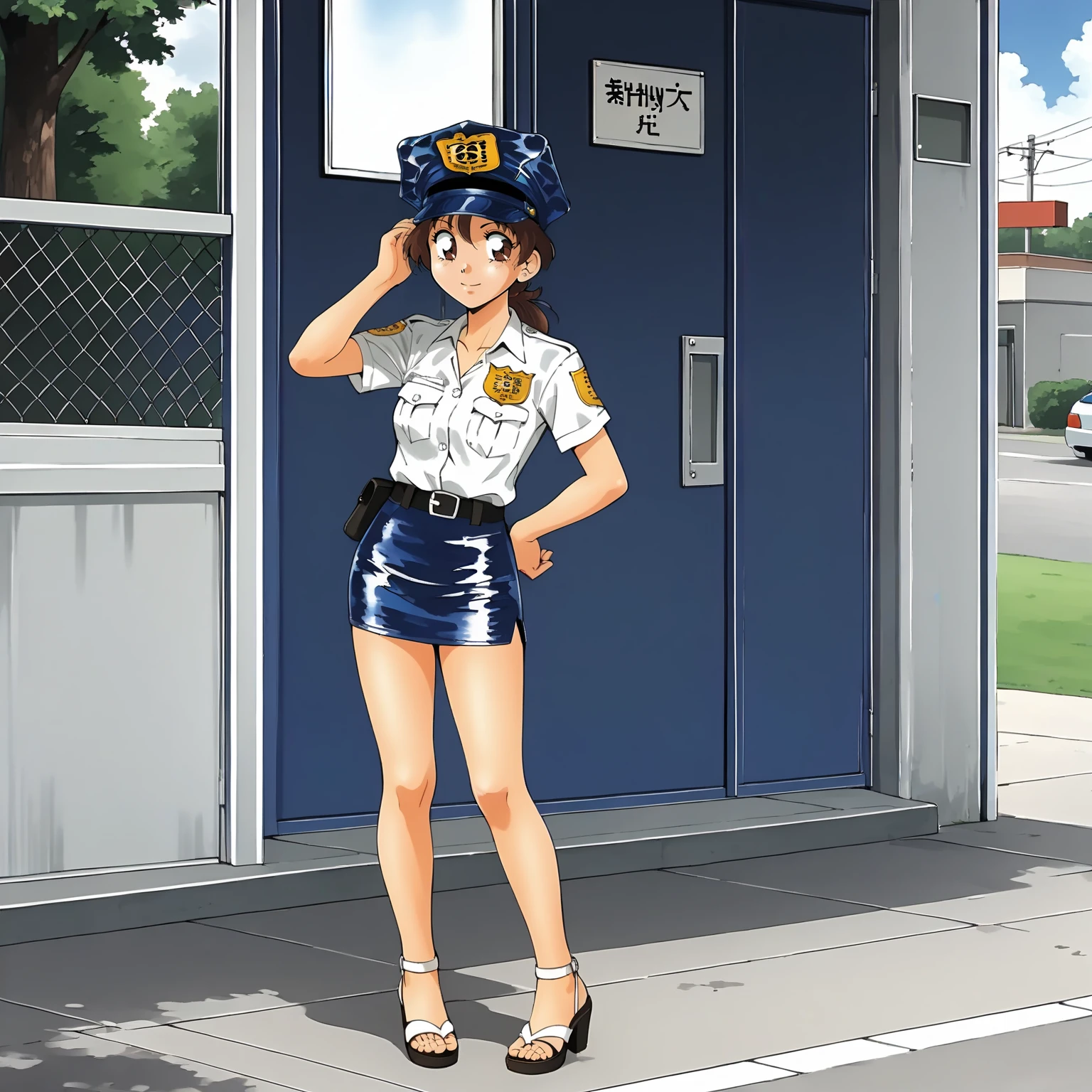 <lora:SMPKyokoSakuradaXLpony001>,
solo,
KyokoSakurada,1girl,brown hair,low ponytail,brown eyes,
police hat,
white shirt,short_sleeves,
mini skirt,
sandals,high_heels,
outdoors,
full body,