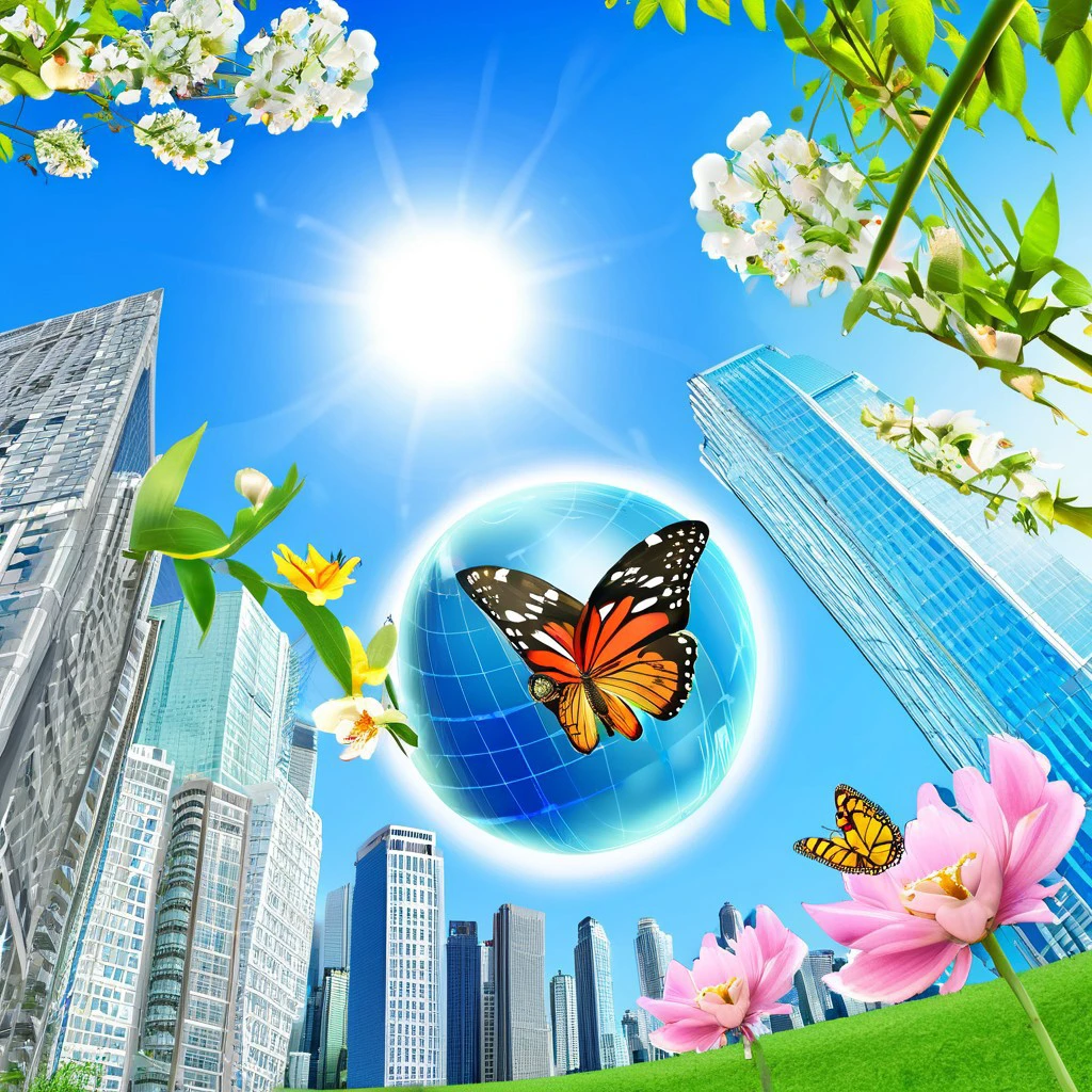 blue sky, skyline, skyscrapers, buildings, globe, scenery, trees, flowers, butterflies, sun, bokeh, UHD, 8K, high resolution, ultra detailed