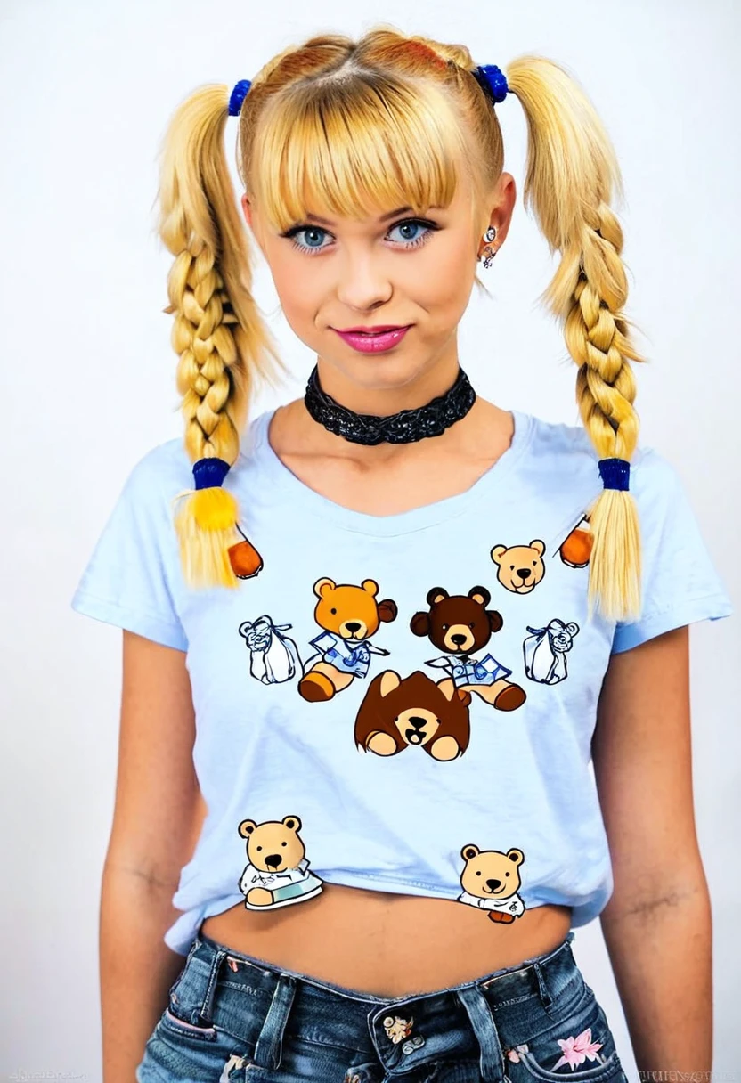 young woman with blonde hair in two pig-tails style, she has a choker, she is wearing a small croped t-shirt with teddy bears on it