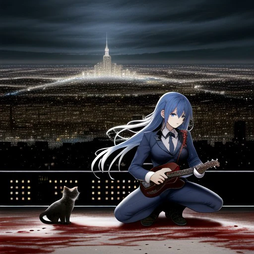 blood on clothes, bell, instrument, cityscape, long hair, blue sailor collar, suit, elbow gloves, soccer ball, cat hair ornament